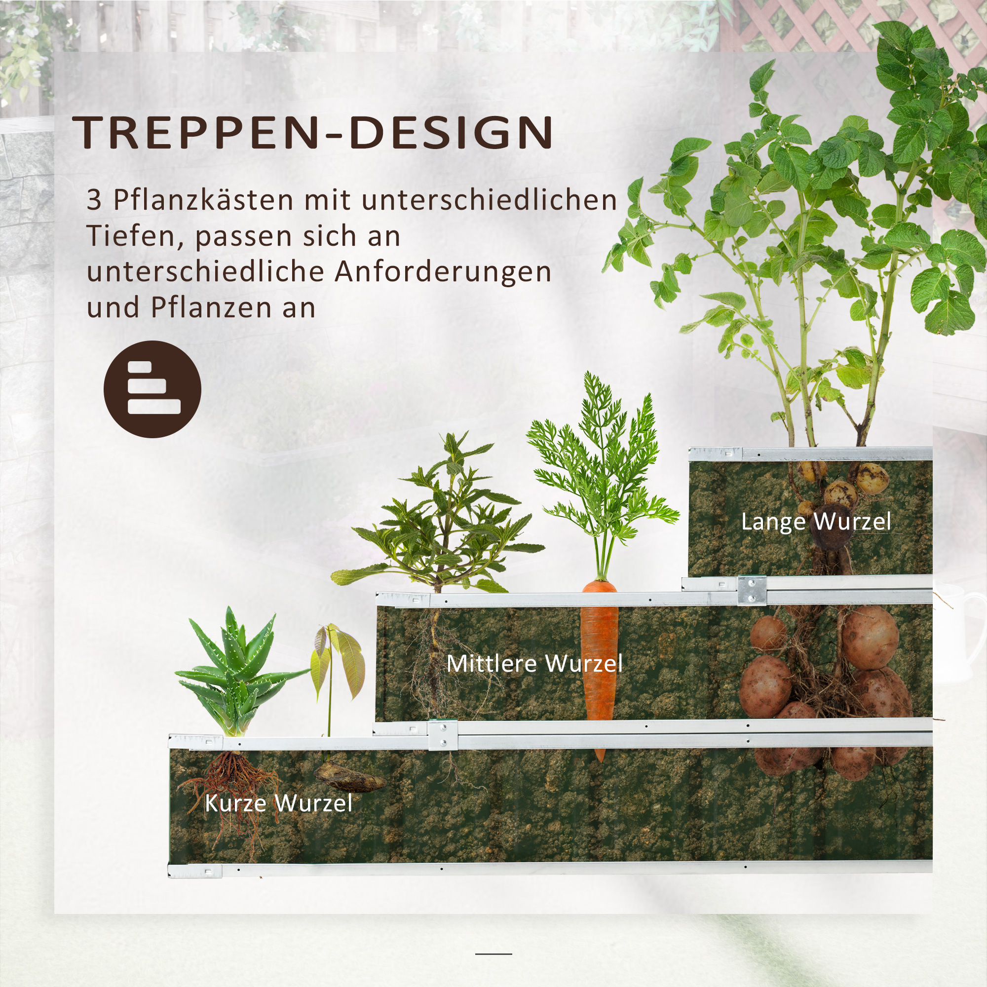 Diagramm, das verschiedene Stadien des Pflanzenwachstums in Töpfen zeigt.
