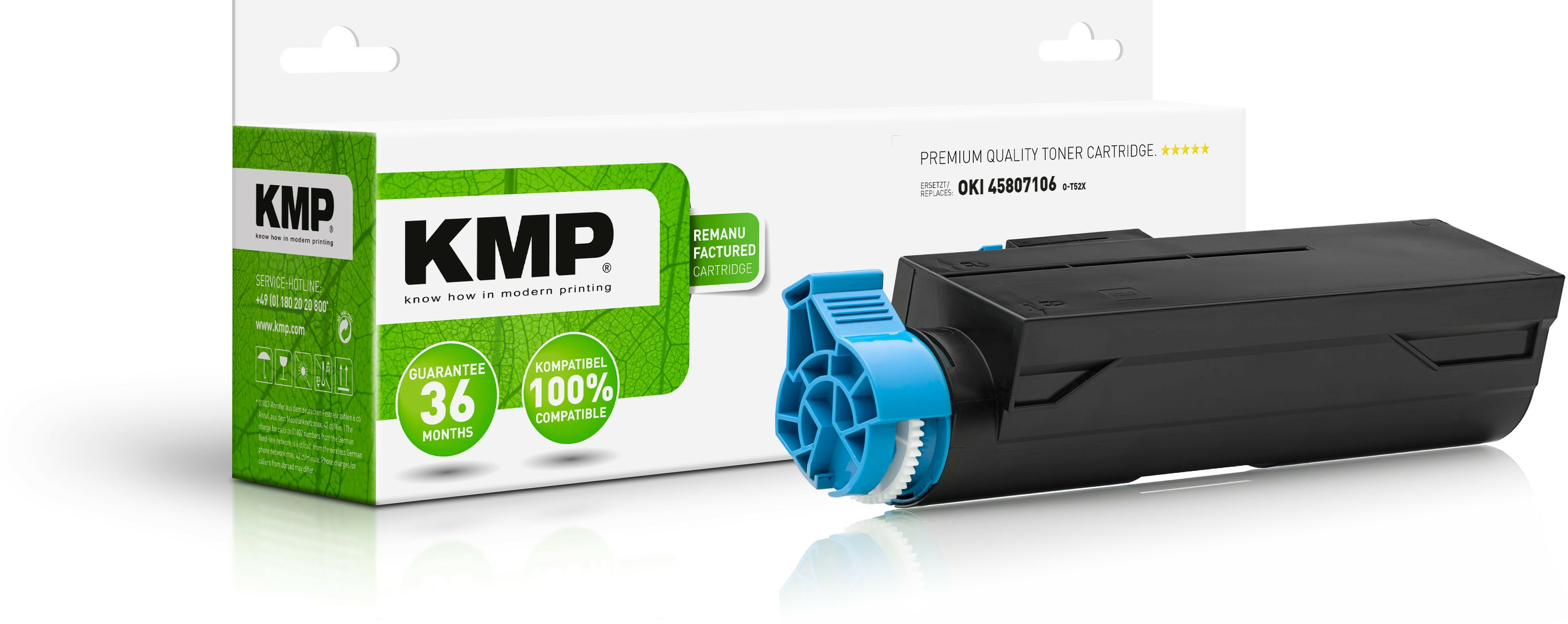 Scatola cartuccia toner KMP e toner, blu e nero, sfondo bianco.