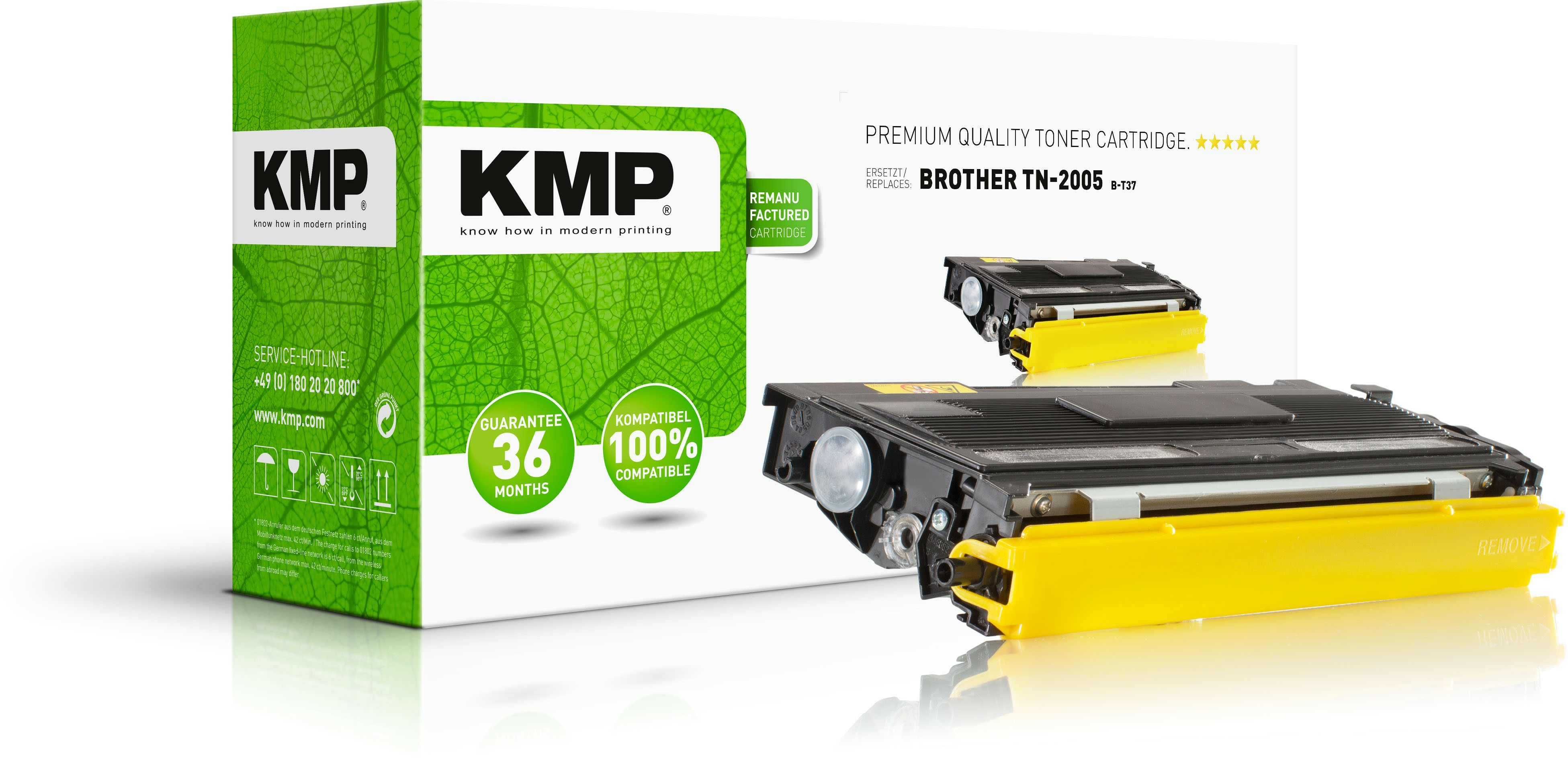 Scatola e cartucce toner KMP. La scatola ha un design a foglia verde, le cartucce sono nere con giallo.