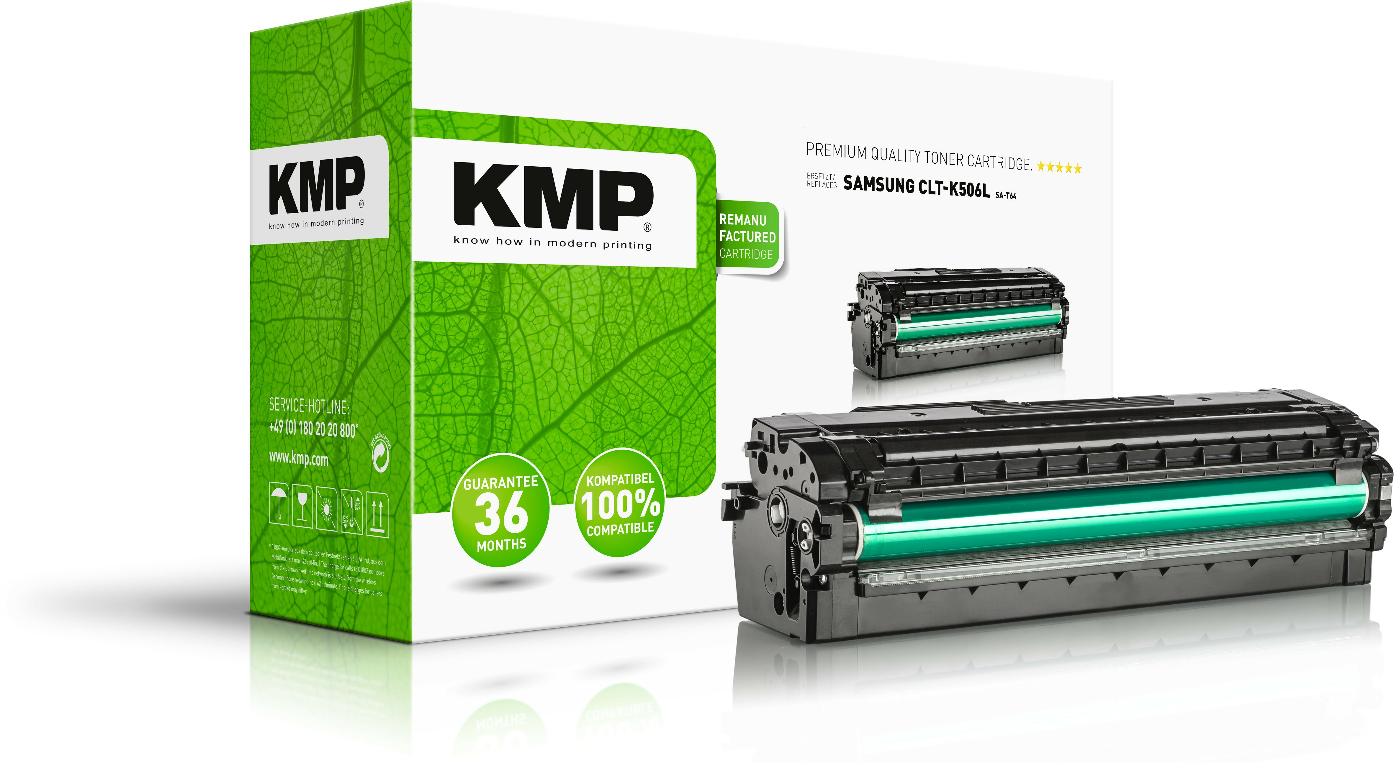 Scatola e prodotto della cartuccia toner KMP. La scatola è verde e bianca. La cartuccia toner è nera e verde.