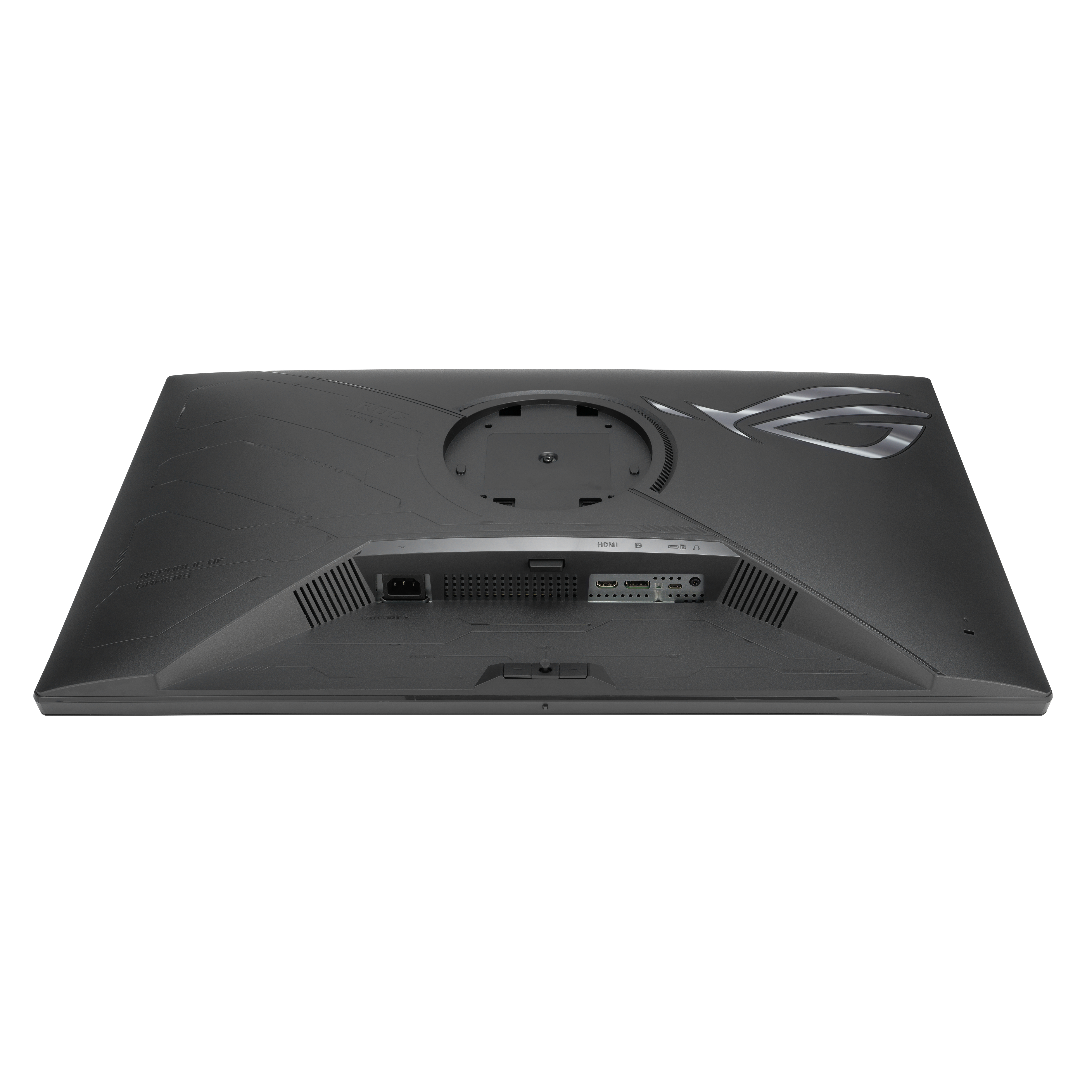 Vista posteriore di un monitor per computer nero, con porte e logo.