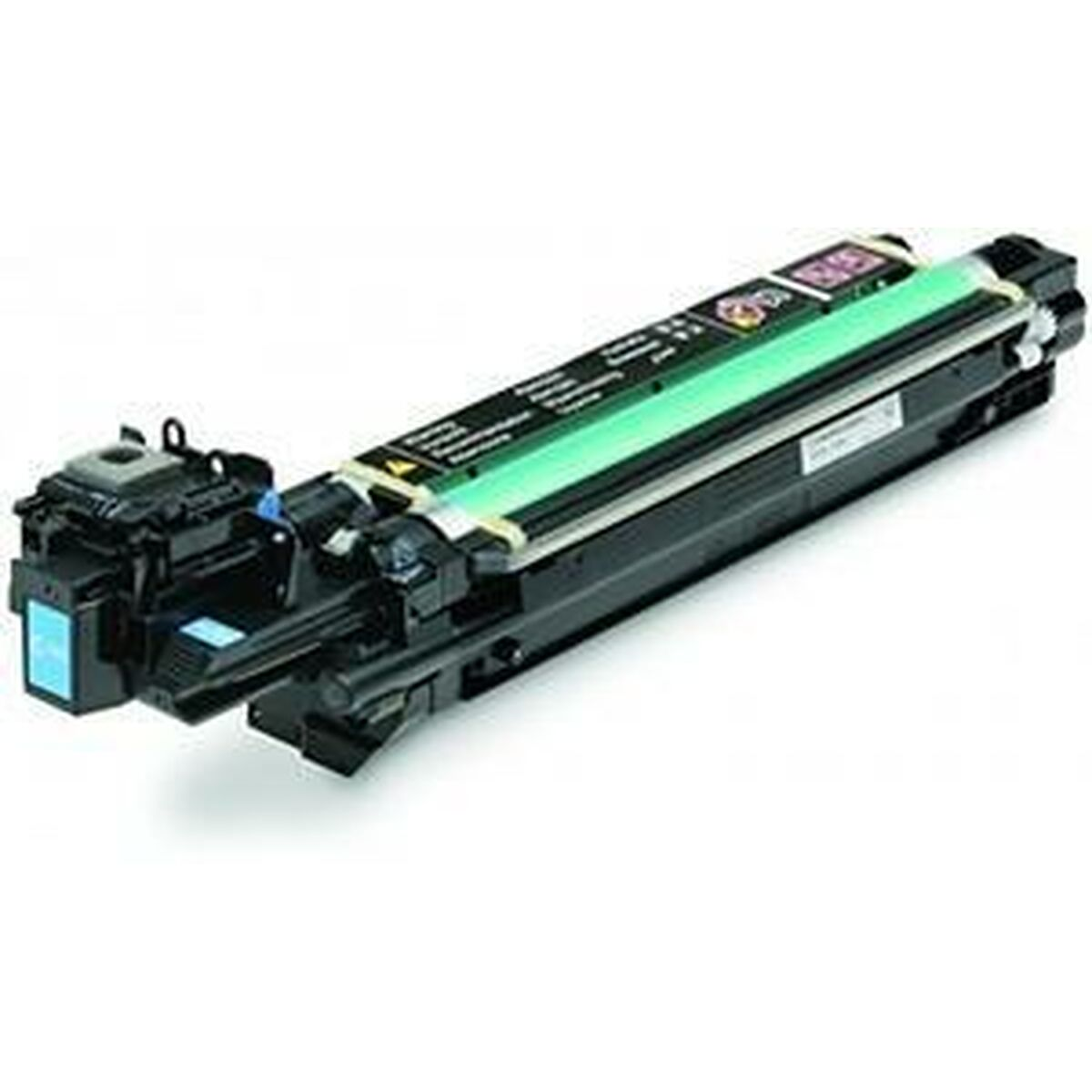 Cartuccia toner, nero e verde con testo e un componente blu a sinistra. Sfondo bianco.