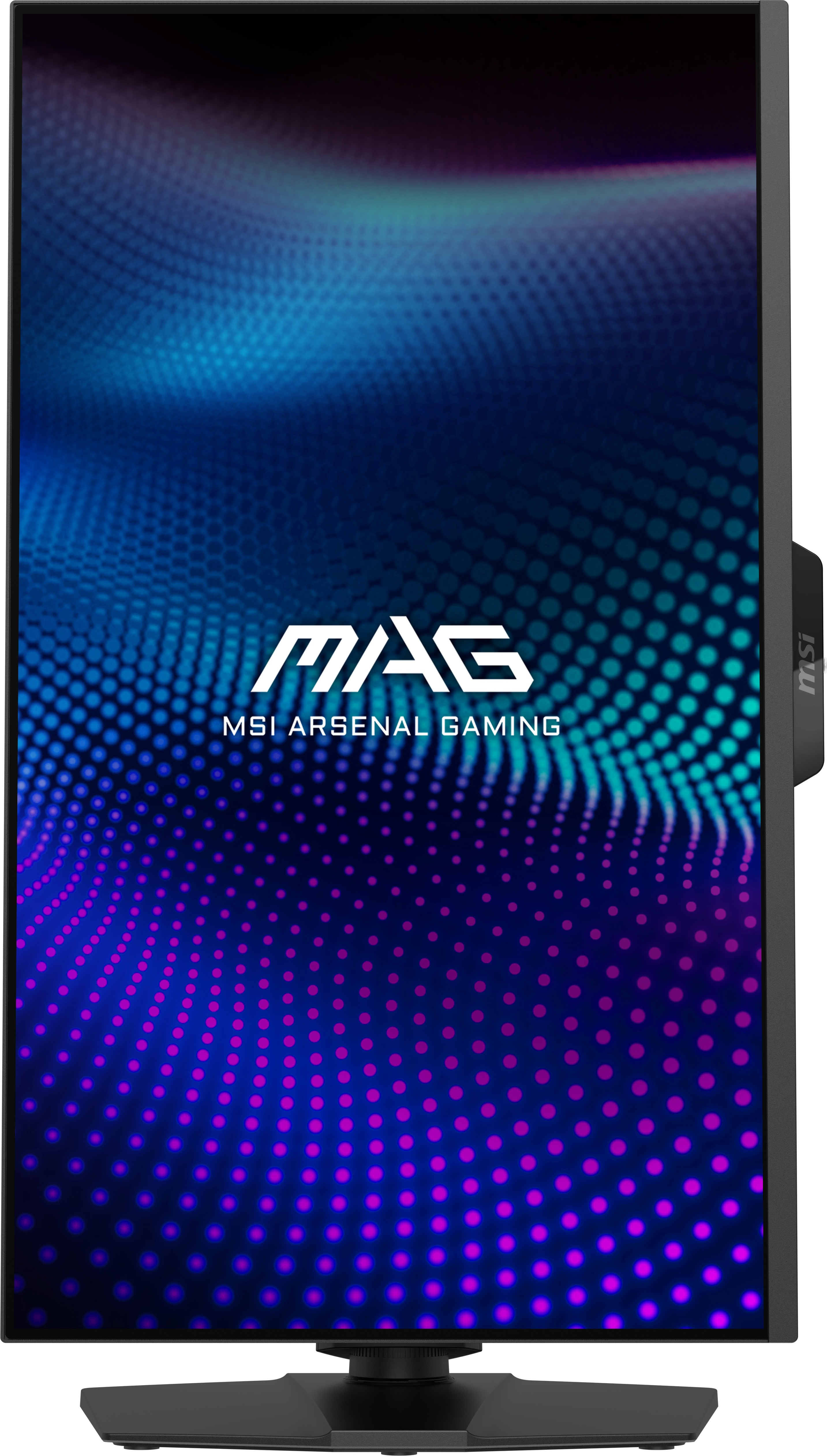 Czarny monitor komputera z kolorowym ekranem. Widoczna jest nazwa marki „MSI”.