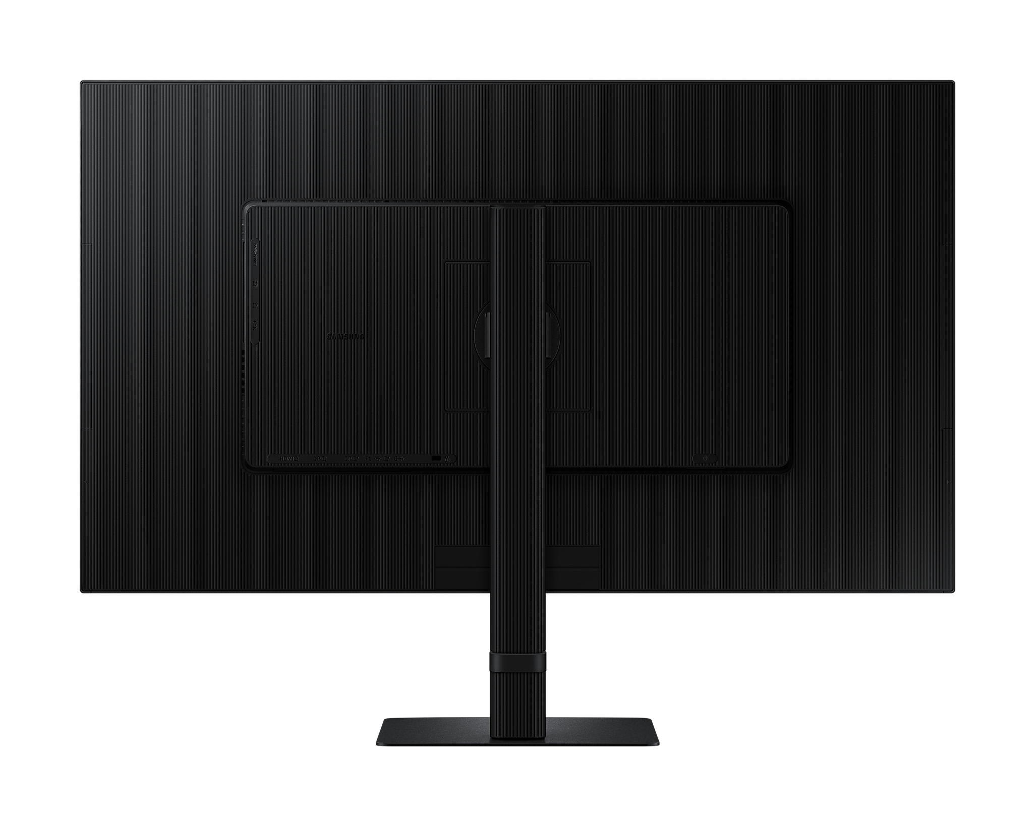 Monitor del computer nero, vista posteriore. Ha un supporto e più porte di connessione.