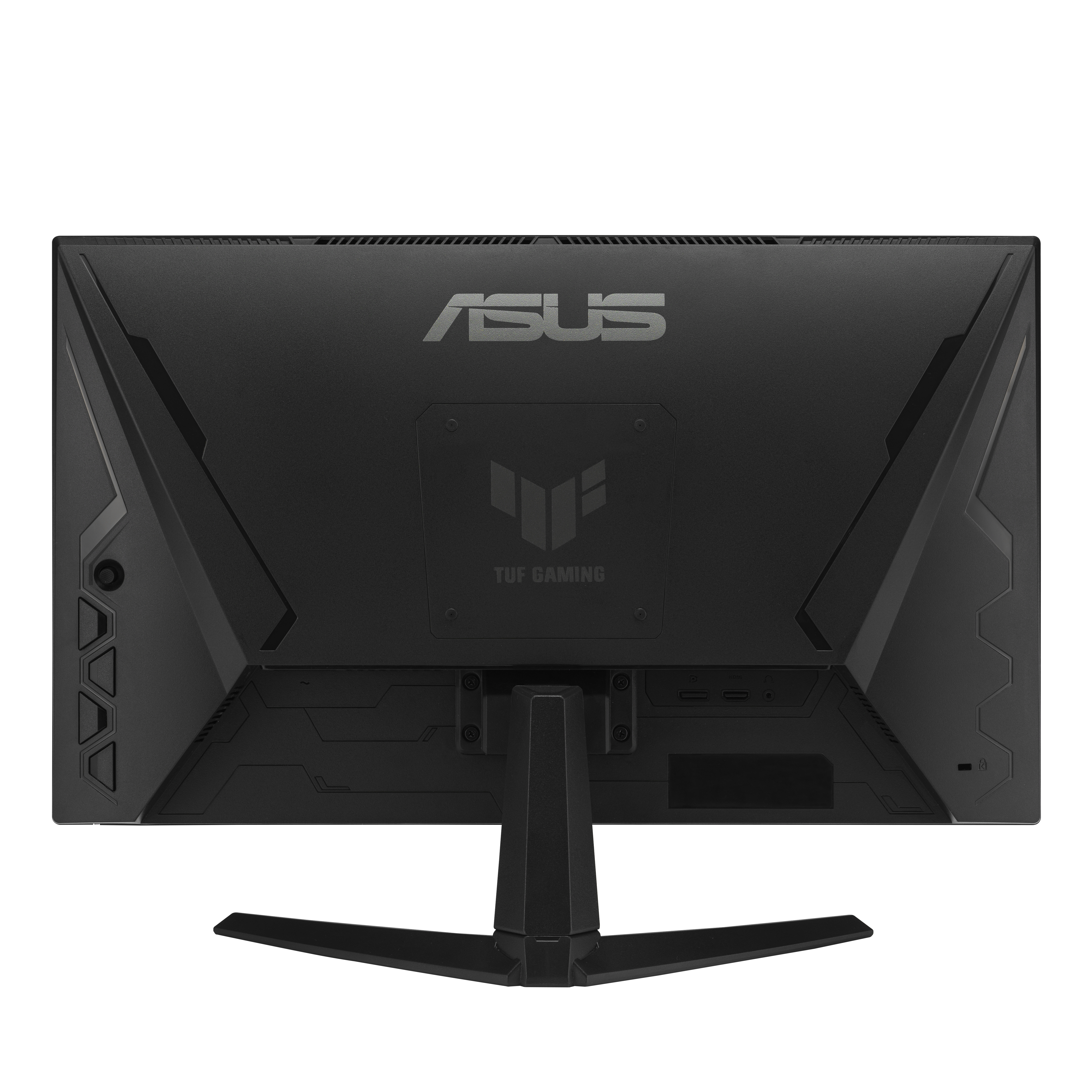 La parte trasera de un monitor ASUS TUF Gaming negro con el logotipo de la marca.