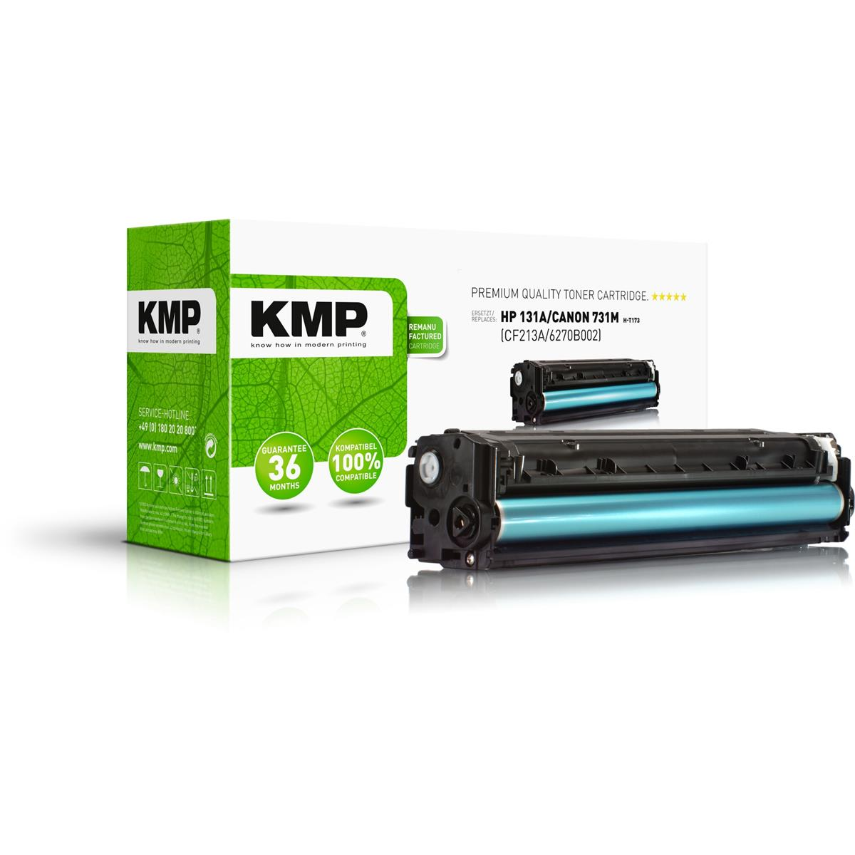 Una scatola di cartucce toner KMP e la cartuccia toner stessa su bianco.