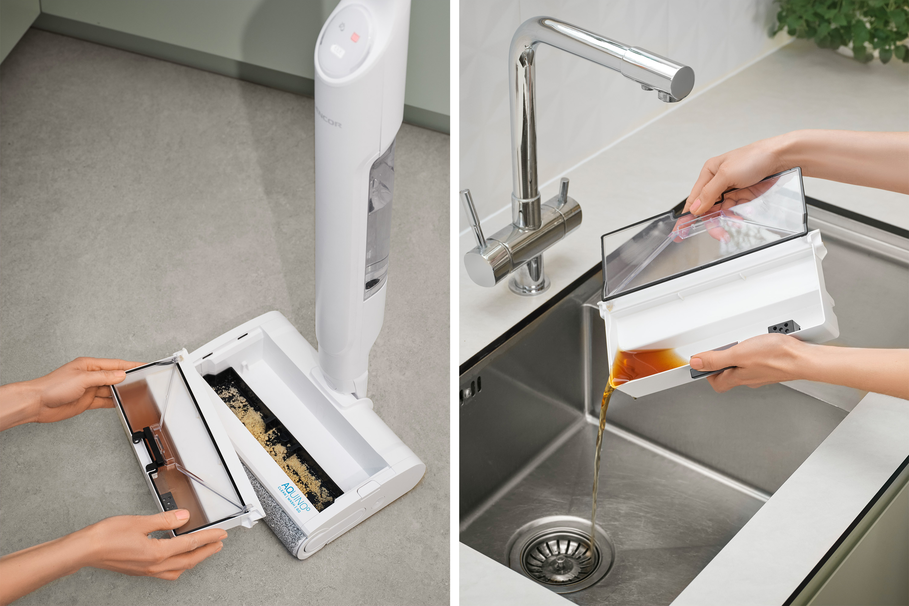 Un pulitore per pavimenti bianco e grigio. Una persona sta rimuovendo un serbatoio dell'acqua sporca. Il pavimento è visibile.