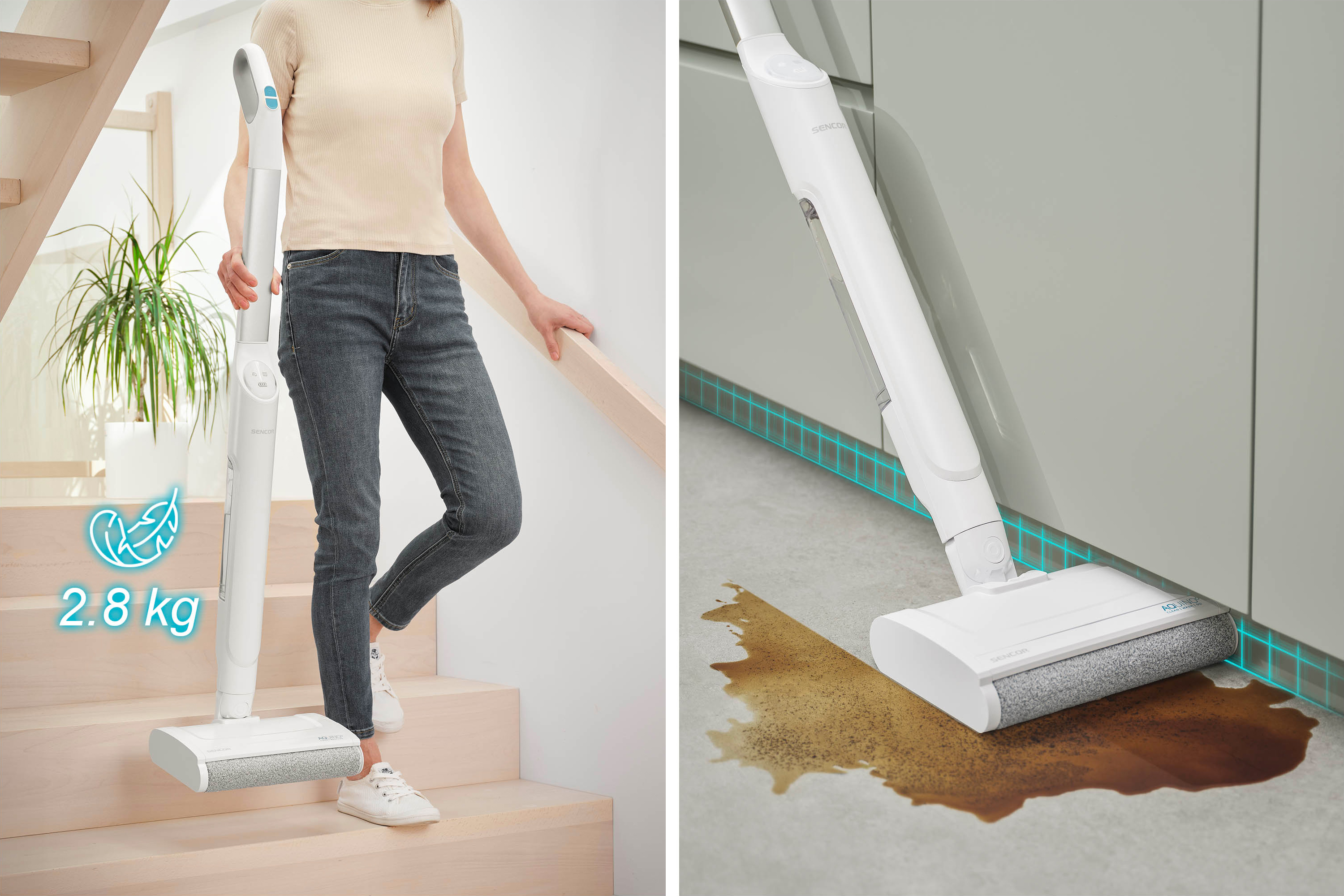 Una donna usa un mocio bianco e leggero su scale e pavimento, mostrando l'azione di pulizia.