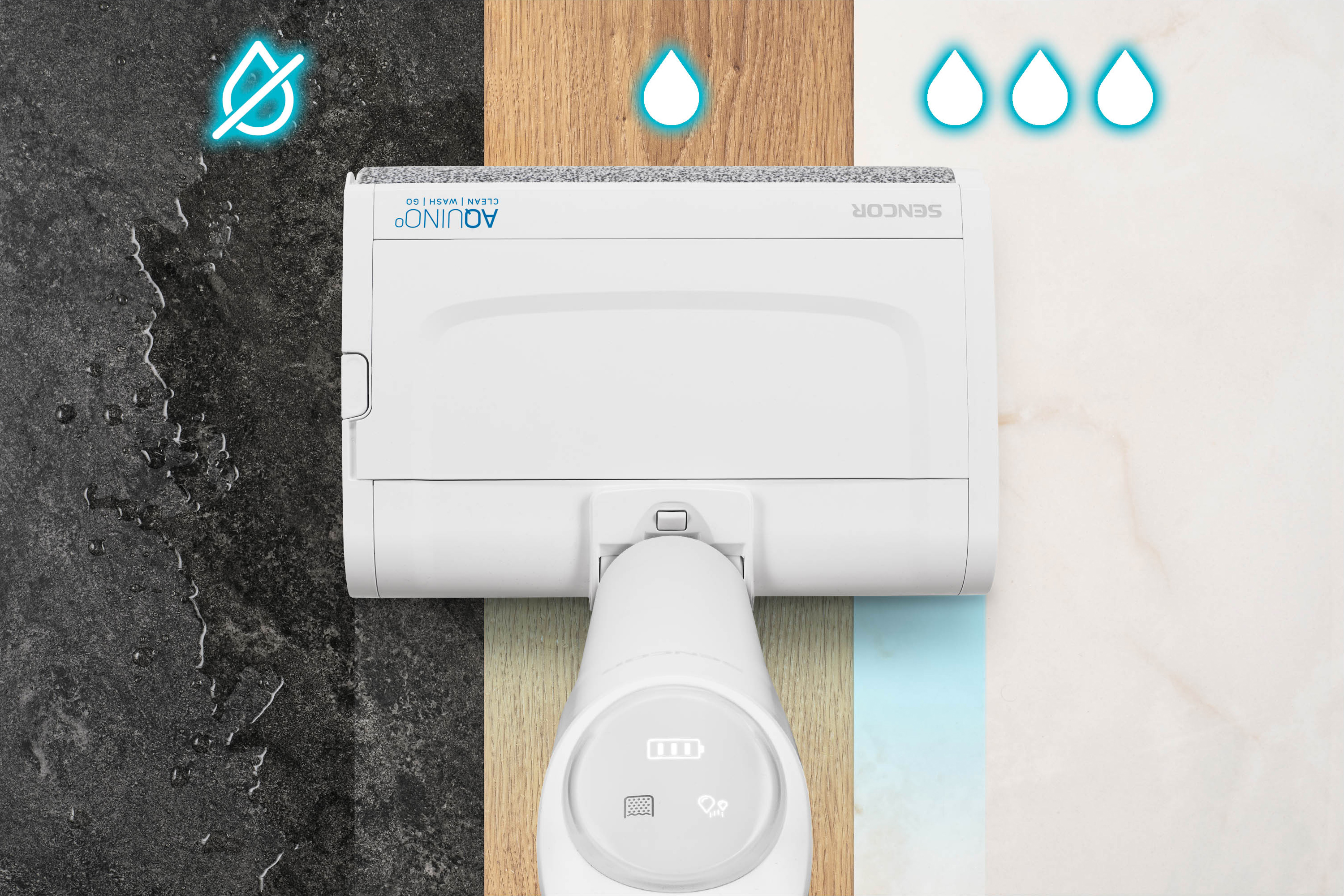Un dispositivo di pulizia bianco con icone di acqua e senza acqua su sfondo multicolore.