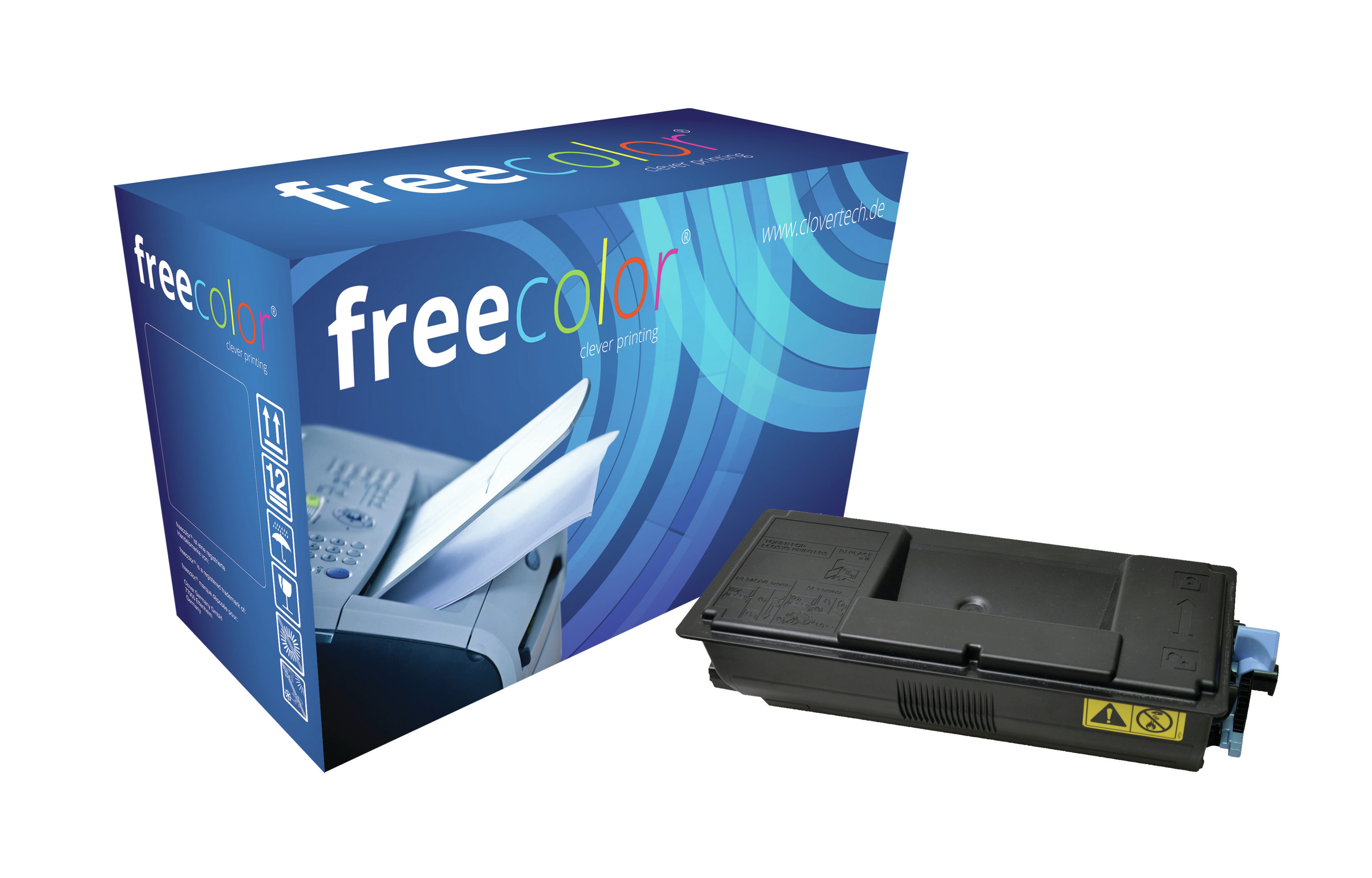 Niebieskie pudełko z napisem 'freecolor' i czarny wkład z tonerem.