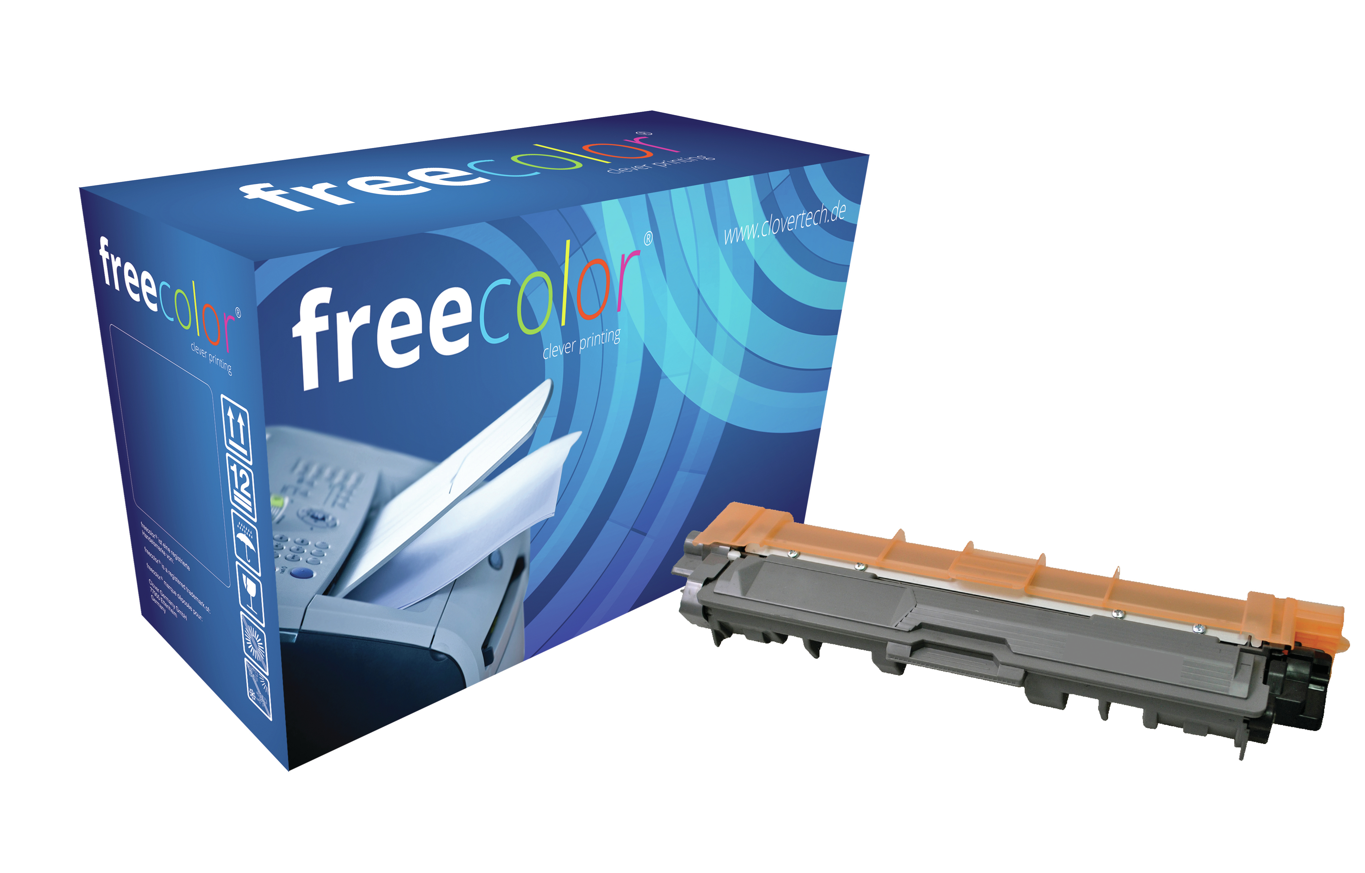 Scatola blu con logo 'freecolor' e cartuccia toner arancione. Sfondo bianco.
