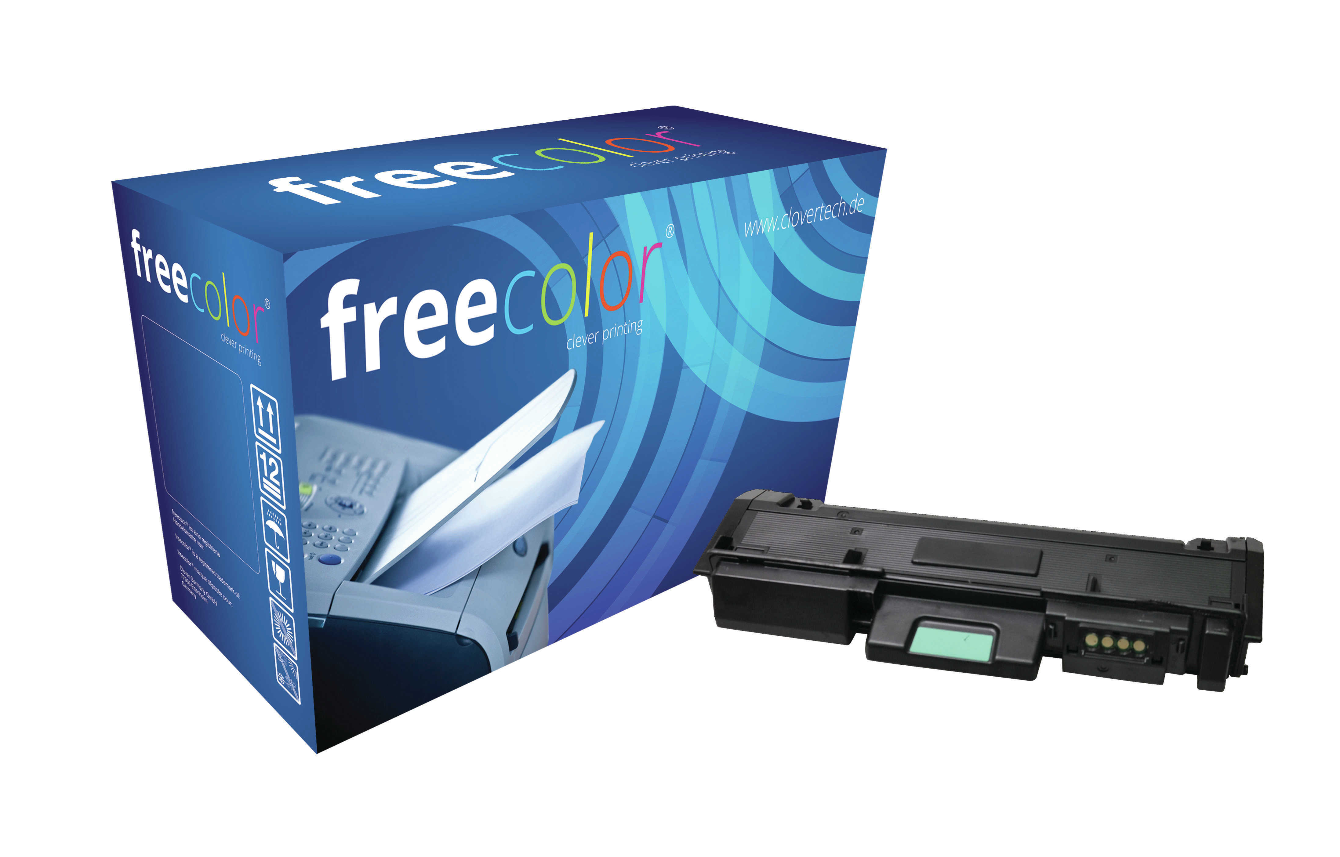 Scatola con testo 'freecolor', immagine stampante e cartuccia toner nera con dettagli verdi.