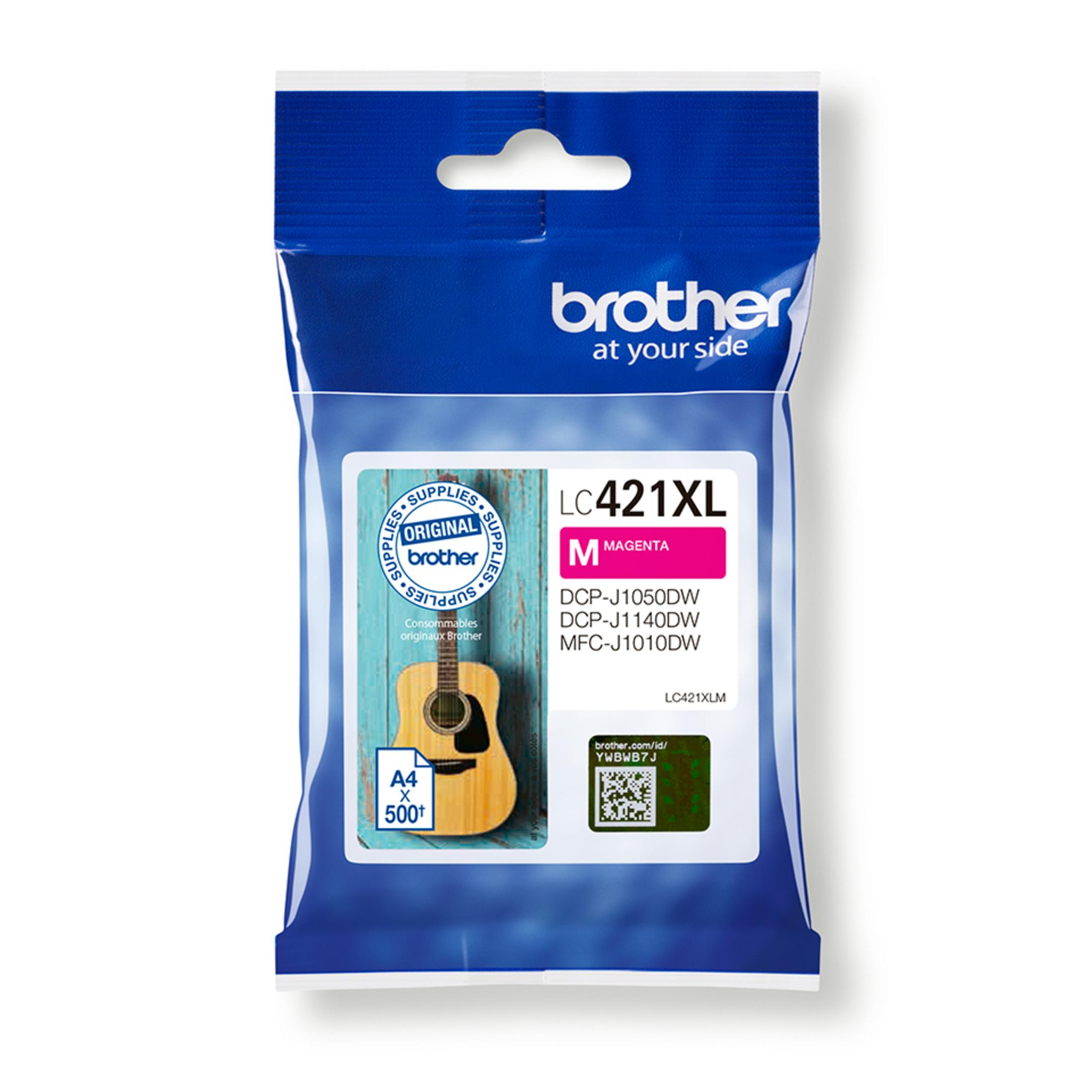 Magenta ink cartridge package labeled 'brother'. A guitar image inside the package.