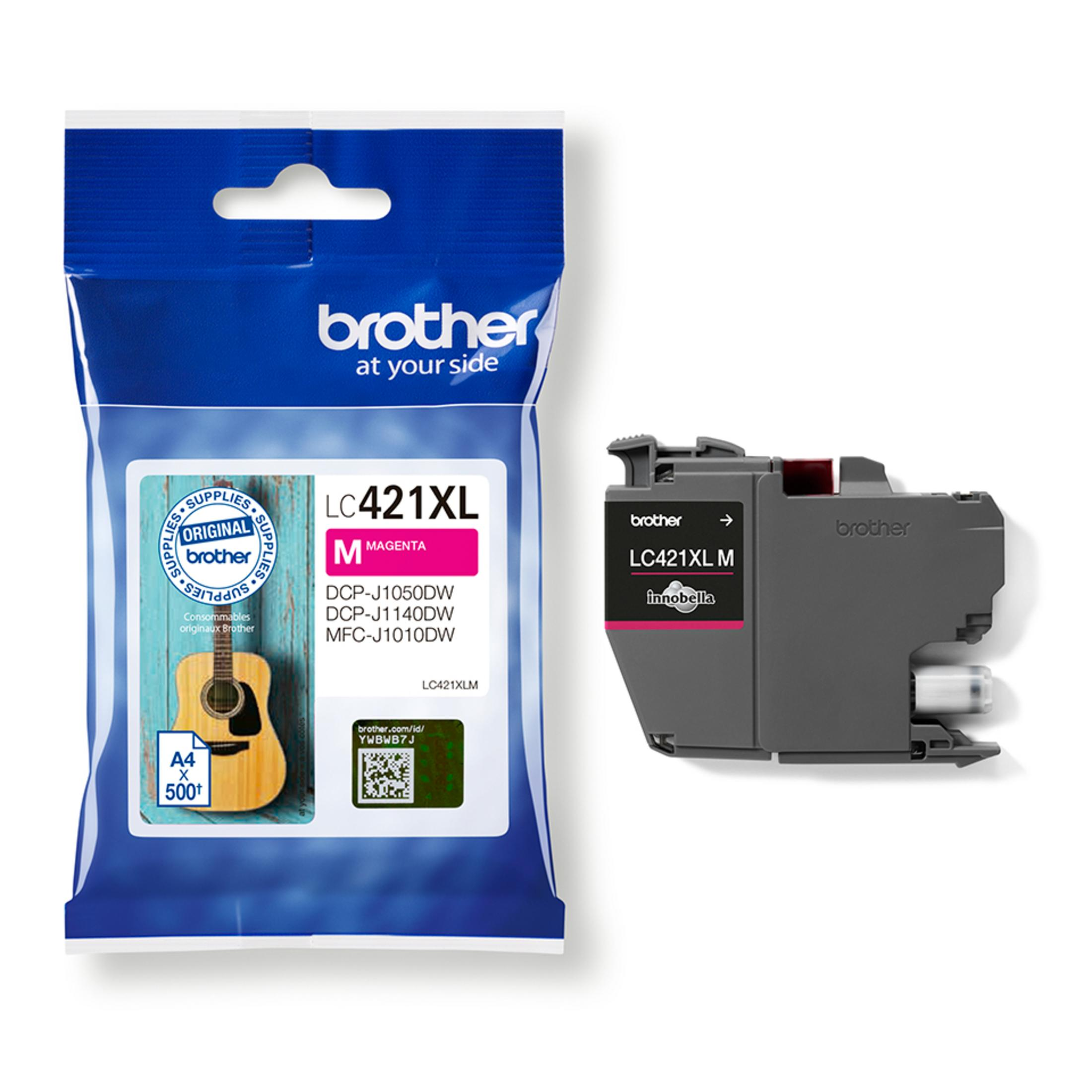 Brother LC421XL magenta ink cartridge and packaging, white background.