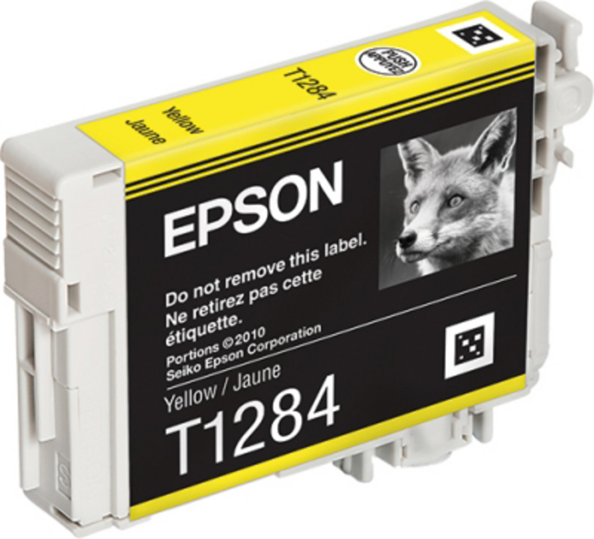 Yellow Epson ink cartridge with a fox image. White background.