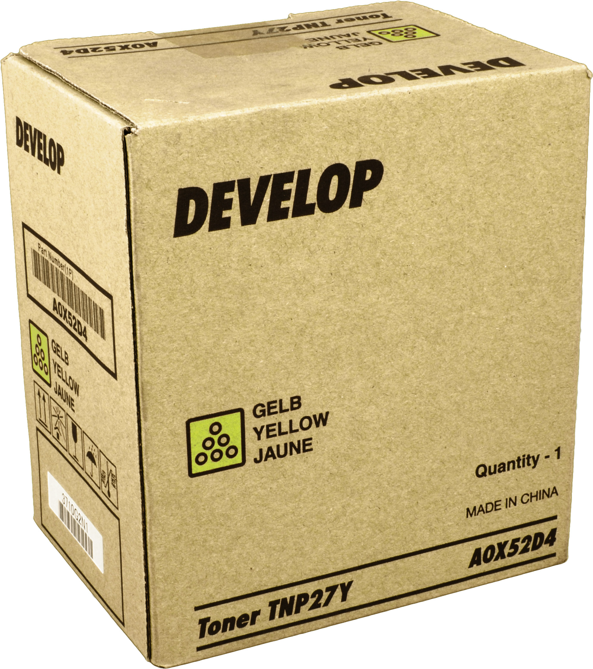 Una scatola marrone etichettata 'DEVELOP' con dettagli toner giallo e testo 'Toner TNP27Y'.