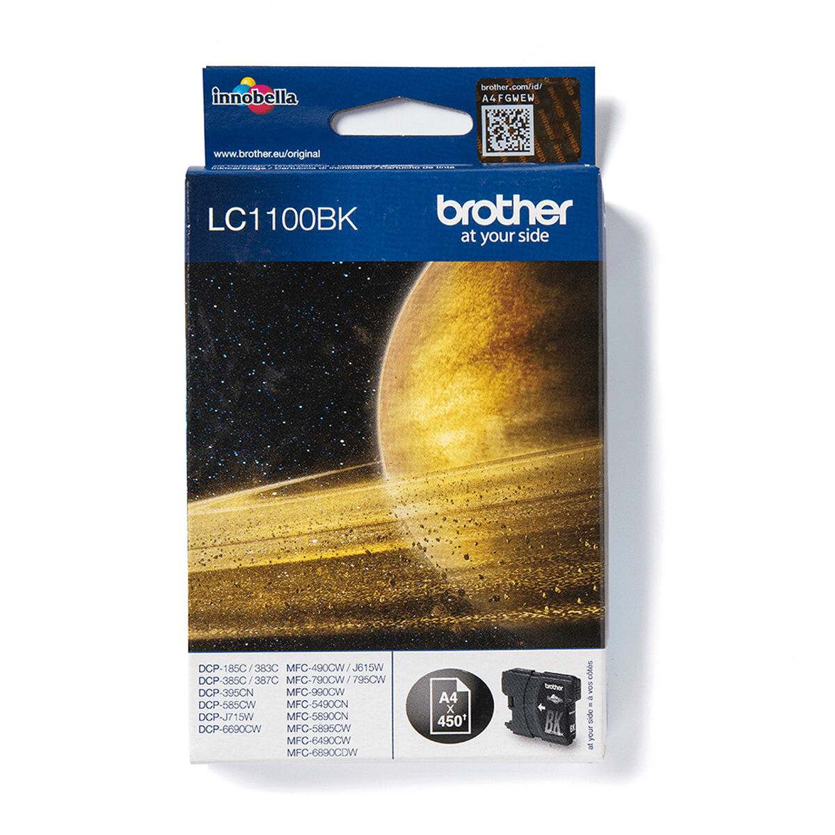 Caja de cartucho de tinta con imagen de planeta. Logotipo de Brother arriba. Contiene LC1100BK. Fondo blanco.