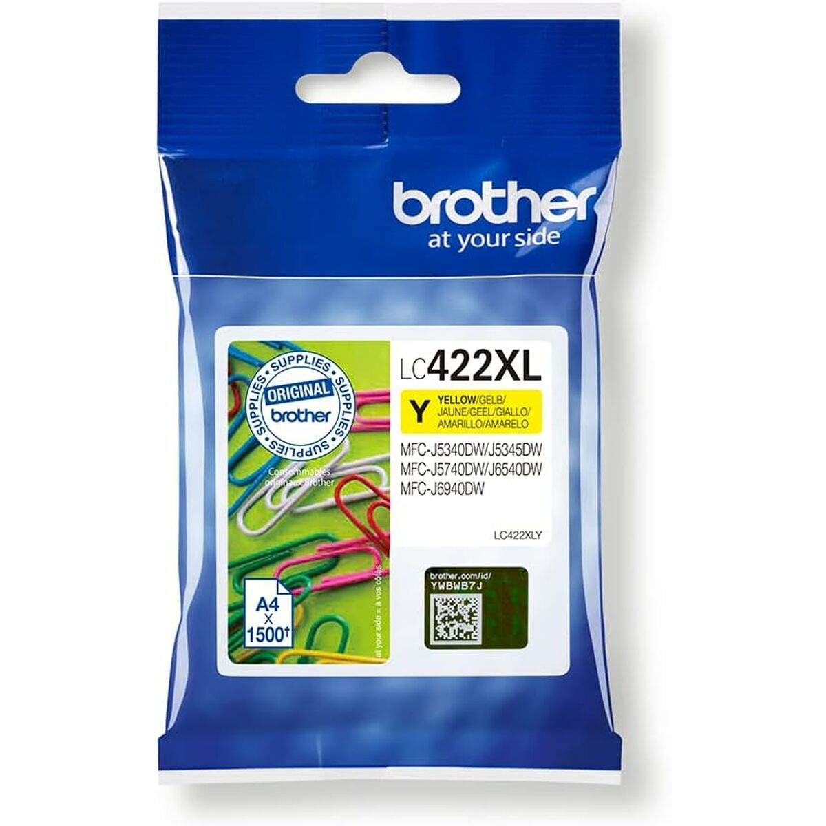 Cartucho de tinta Brother en envoltorio plástico. Contiene tinta amarilla y clips.