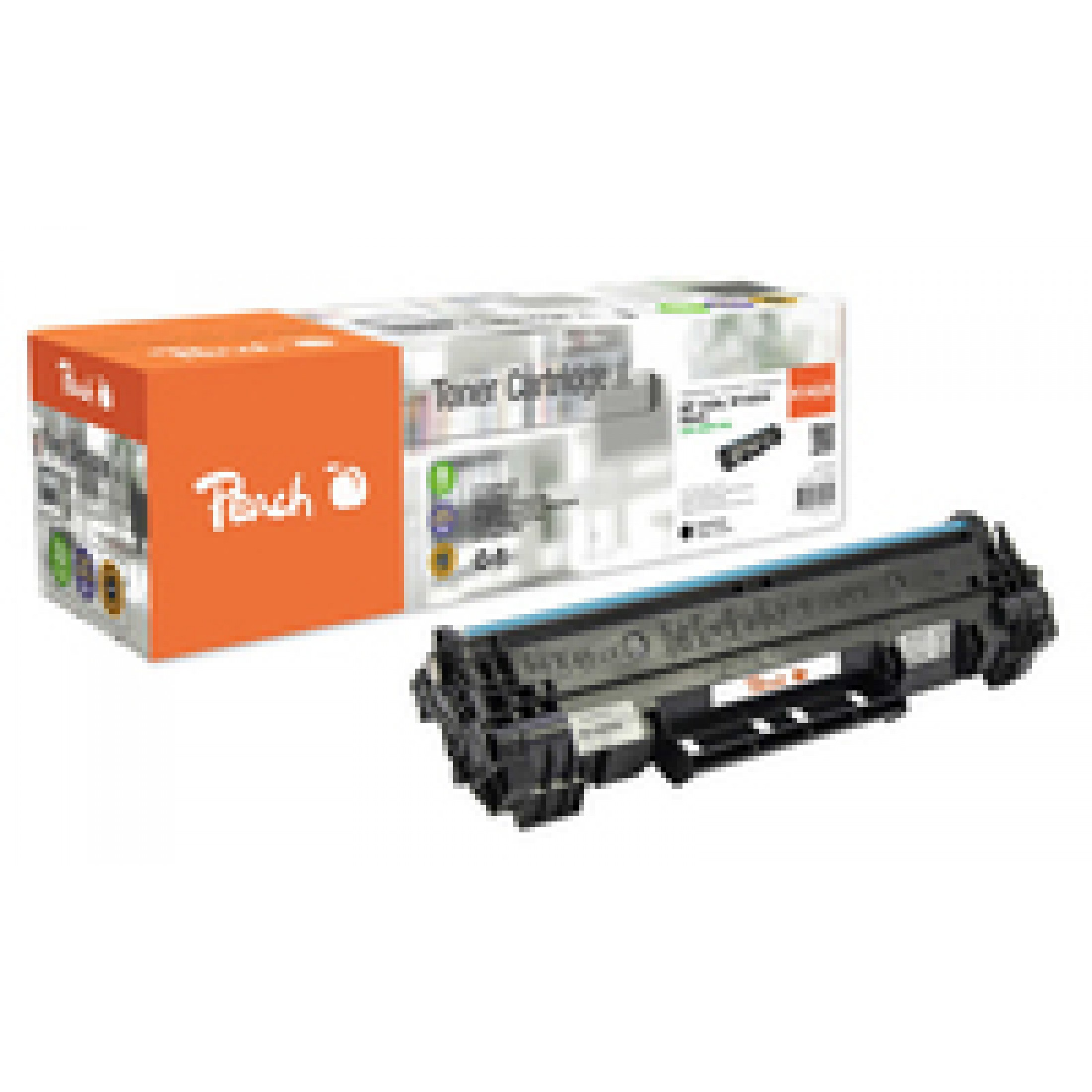 Una scatola di cartucce toner e la cartuccia stessa. Scatola arancione e toner nero.