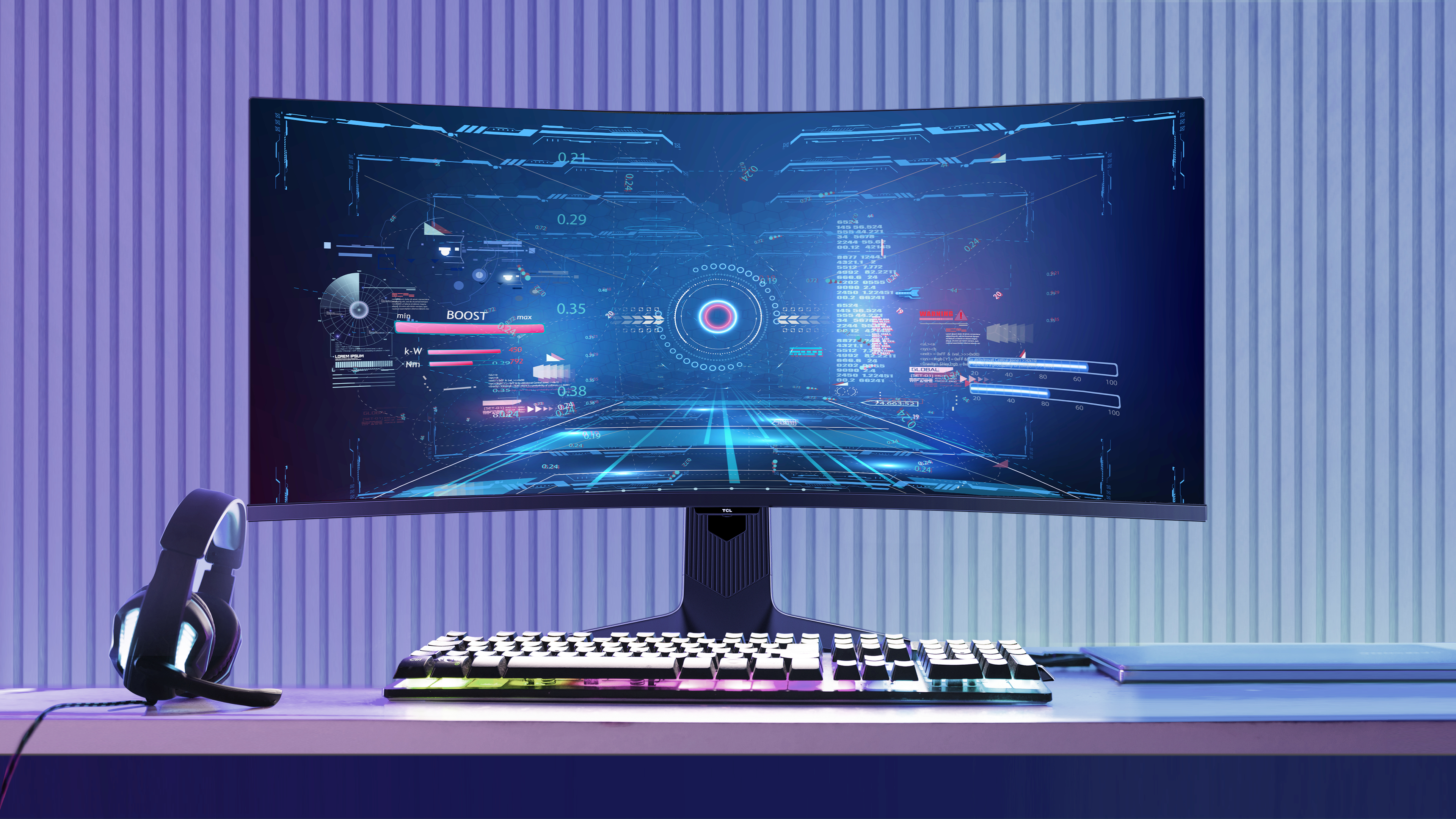 Konfiguracja do gier: zakrzywiony monitor, klawiatura, zestaw słuchawkowy i ściana w paski.