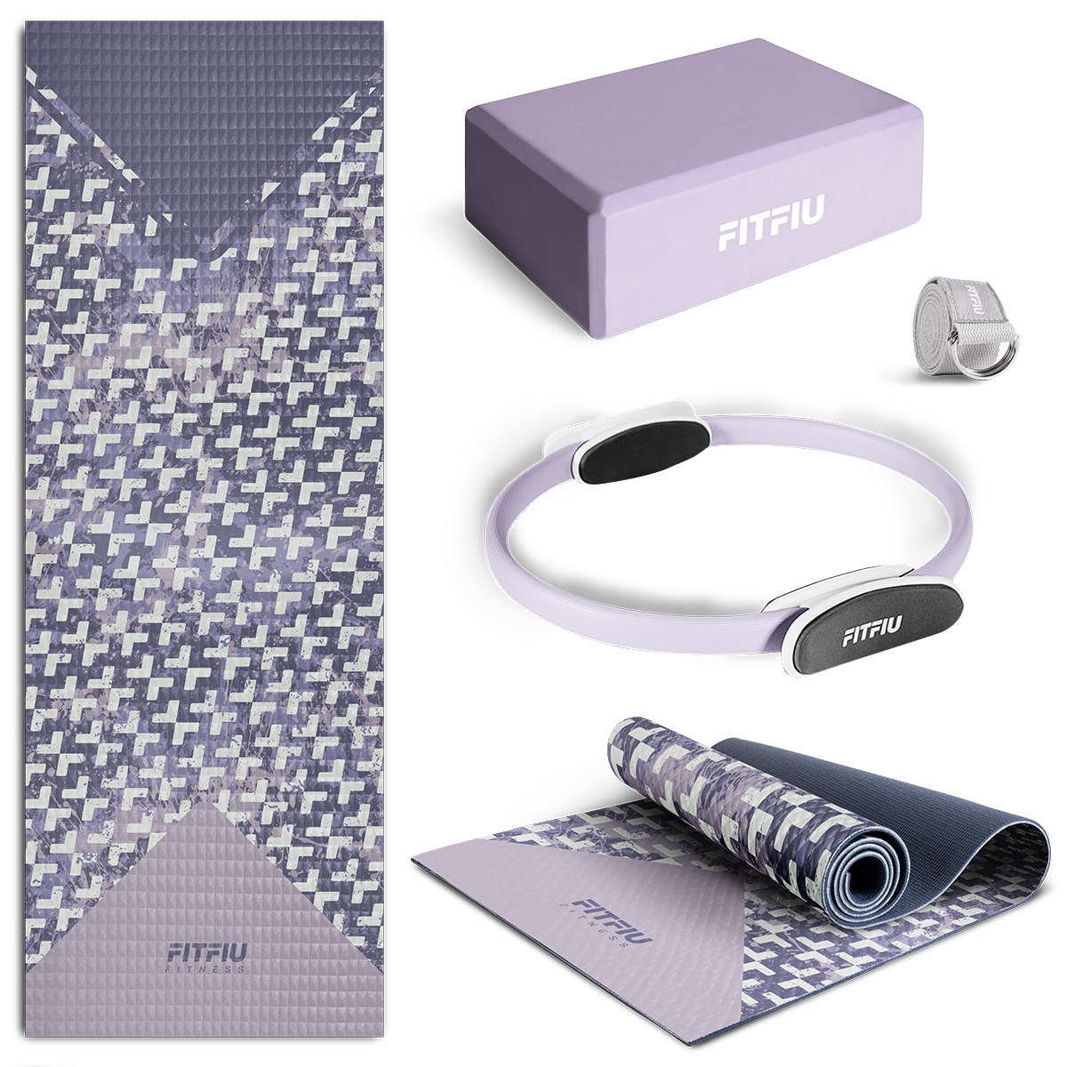 Esterilla de yoga, bloque de yoga, anillo y esterilla de yoga enrollada en morado y blanco. Fondo blanco.