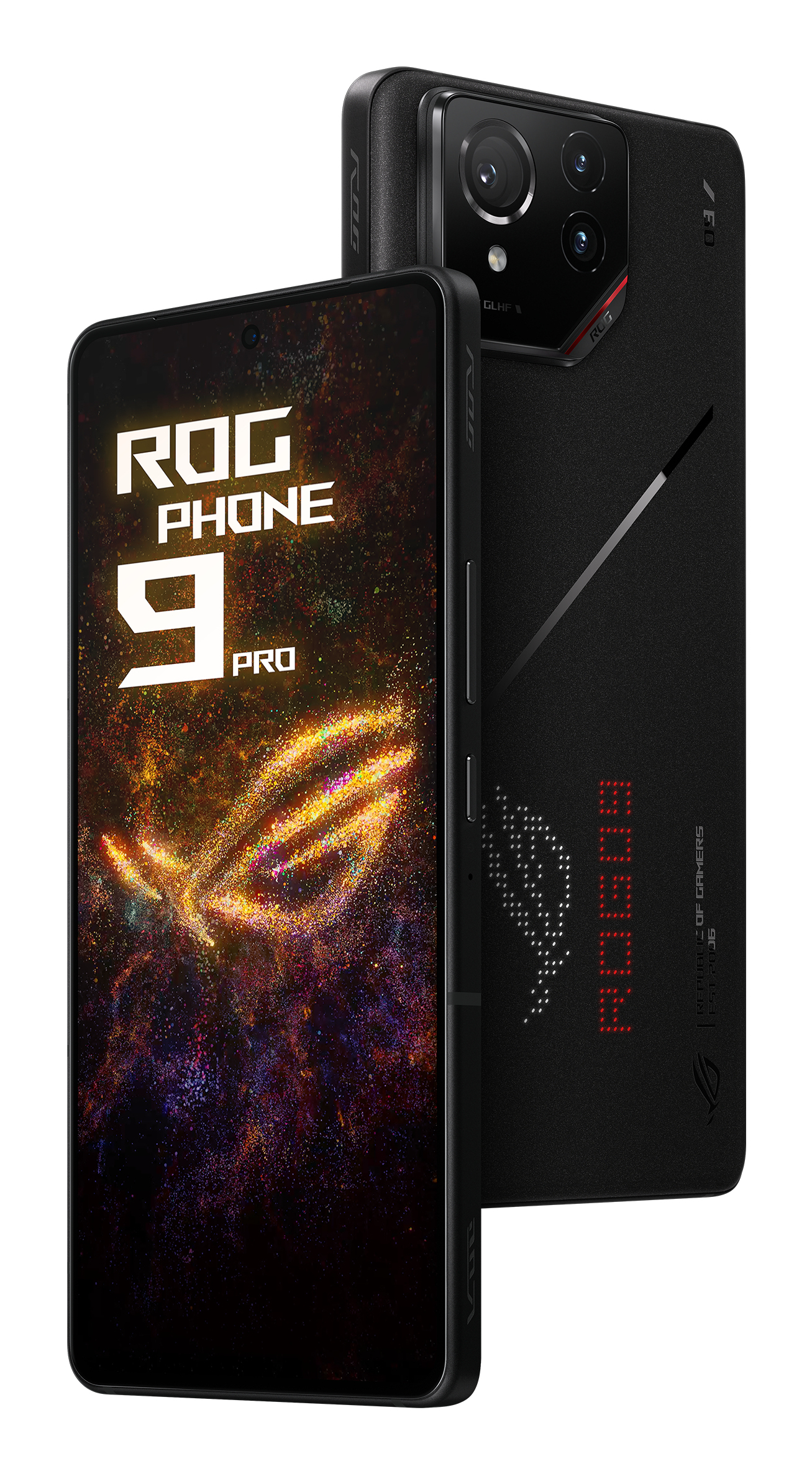 Czarny ROG Phone 9 Pro, widok z tyłu i z przodu. Wiele kamer. Czarny ekran z logo i tekstem ROG.