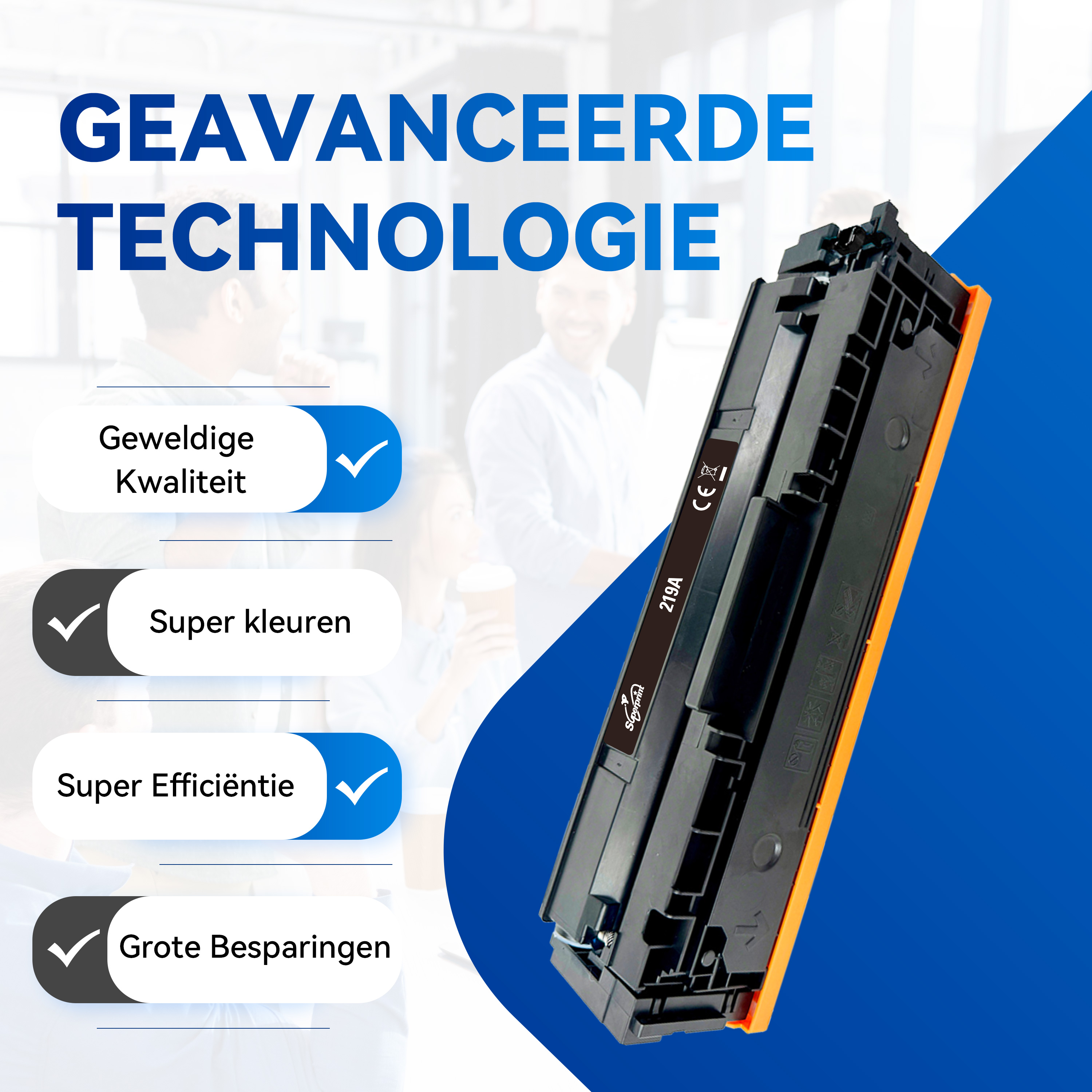 Printercartridge met tekst die kenmerken en voordelen aangeeft.