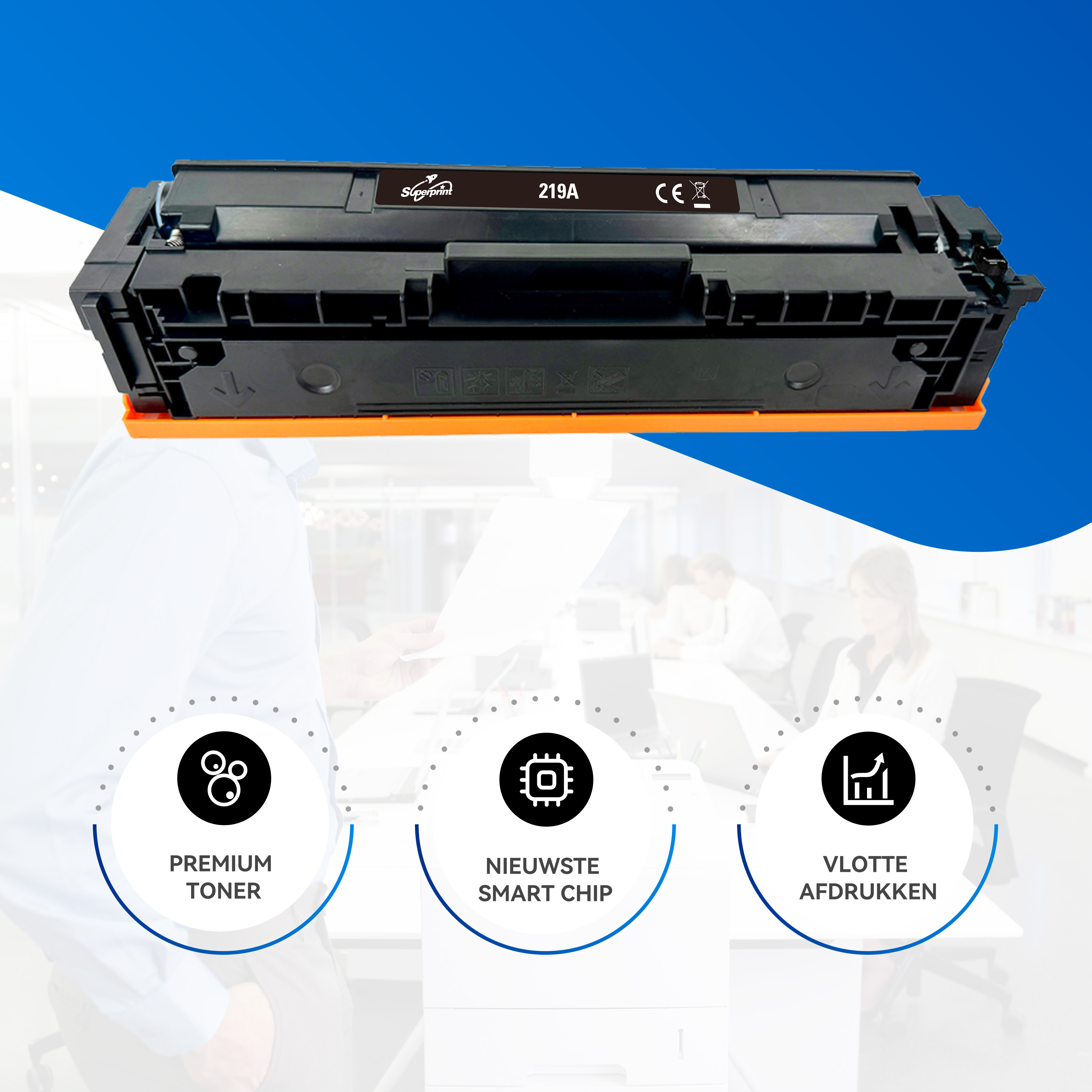 Printercartridge met drie pictogrammen: toner, smart chip en snelle afdrukken.