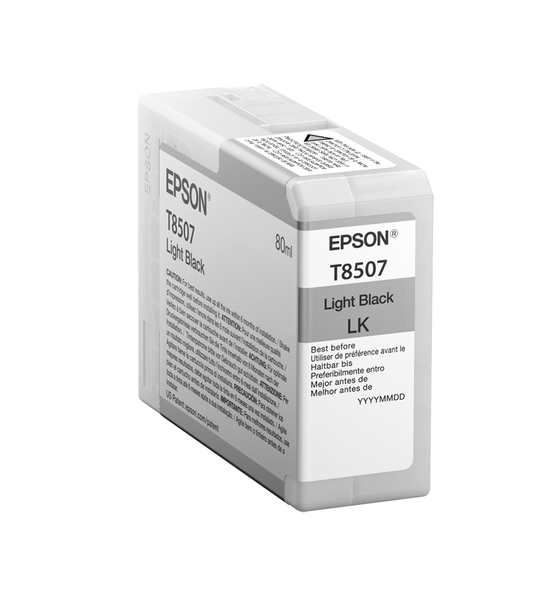 Cartucho de tinta Epson T8507 Light Black con texto e información en la etiqueta.