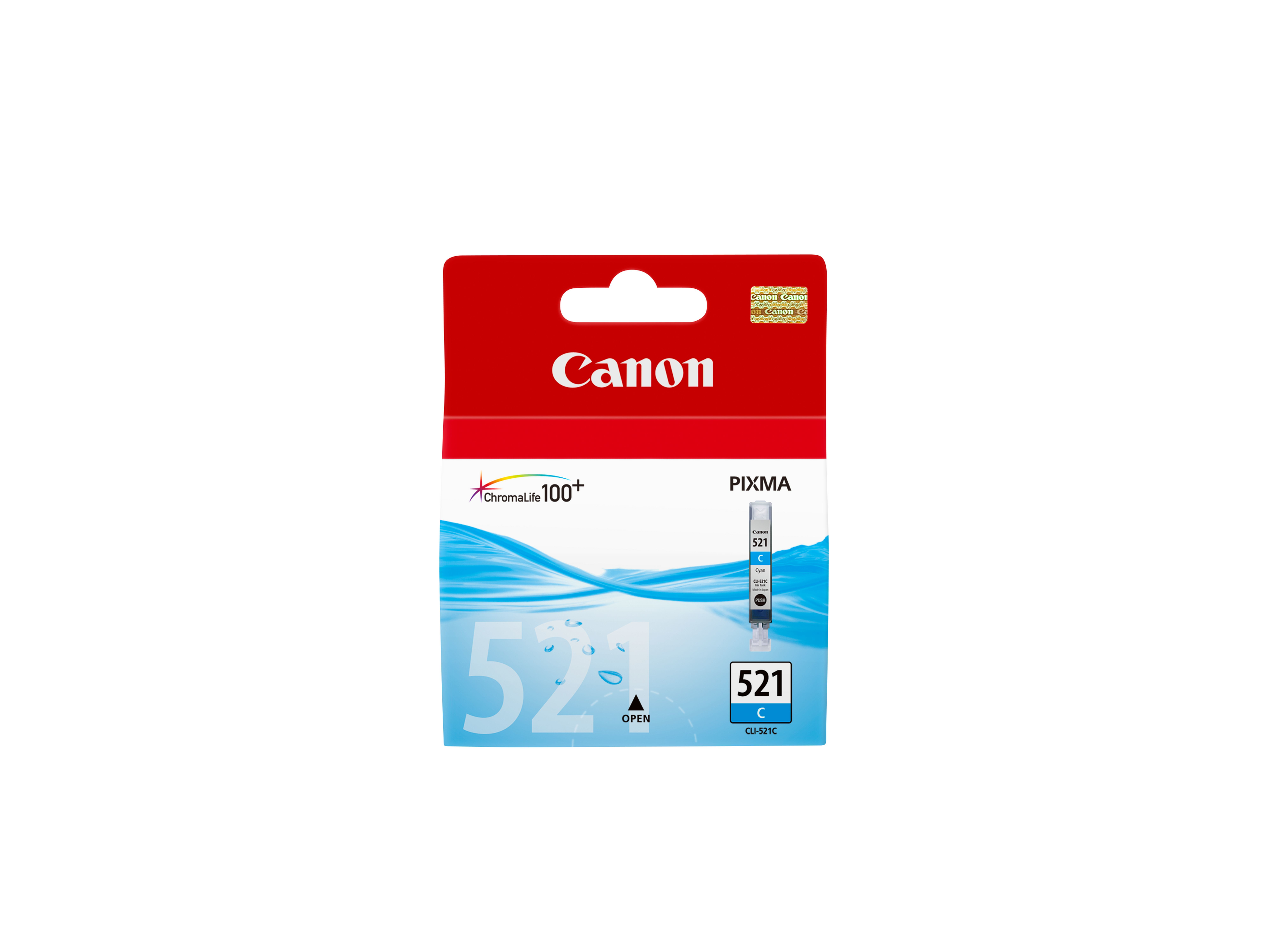 Een Canon-inktcartridge, overwegend blauw, met de merknaam en de informatie van de cartridge.