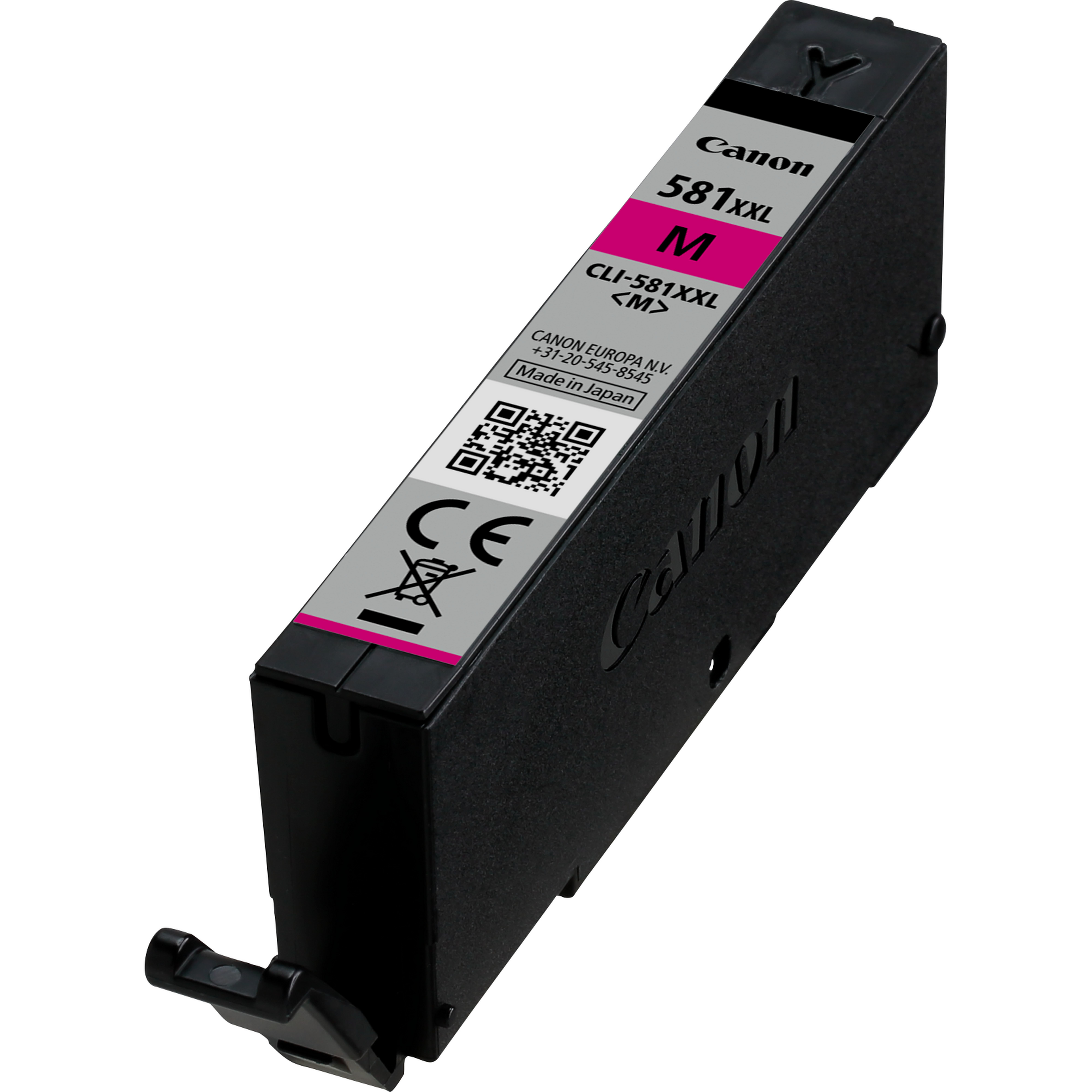 Cartouche d'encre Canon magenta, modèle 581XXL. La cartouche est noire avec une étiquette rose et du texte blanc.