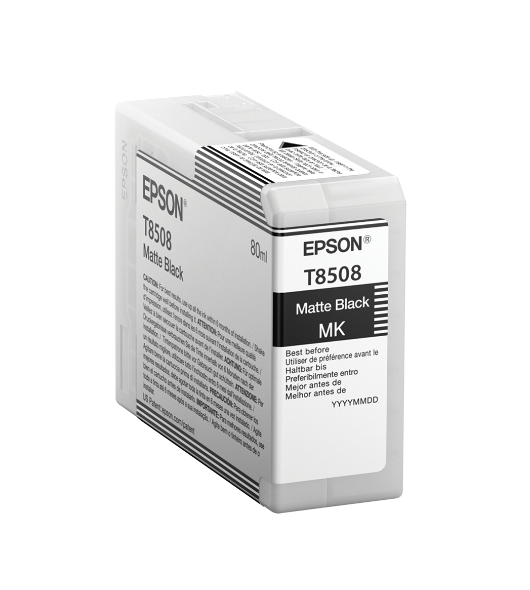 Cartuccia inchiostro Epson T8508 Matte Black, con etichetta bianca e testo.