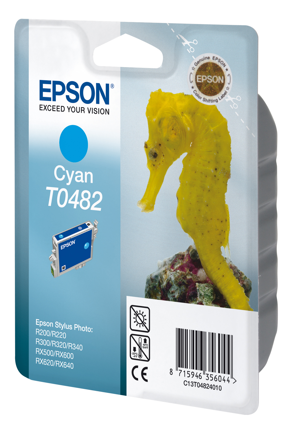 Epson Cyan T0482 Tintenpatrone. Ein Seepferdchen schwimmt in der Nähe von Korallen.