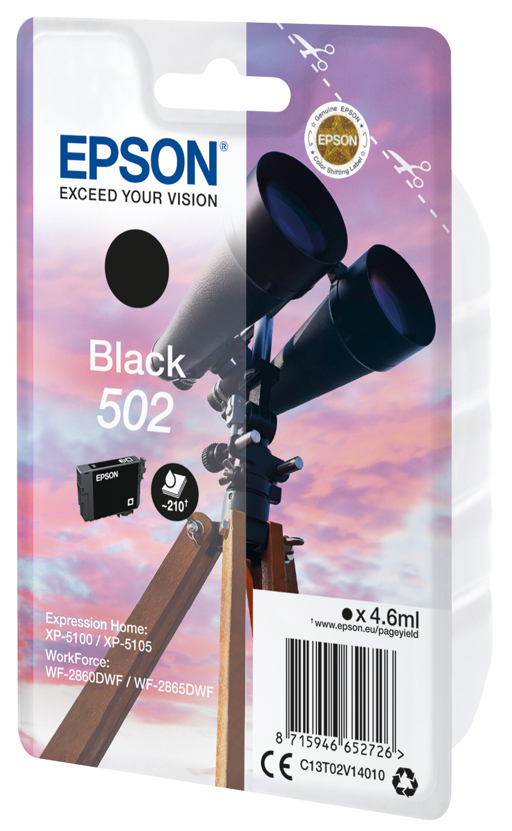 Epson Black 502 ink cartridge. Image includes a telescope with a sunset background.