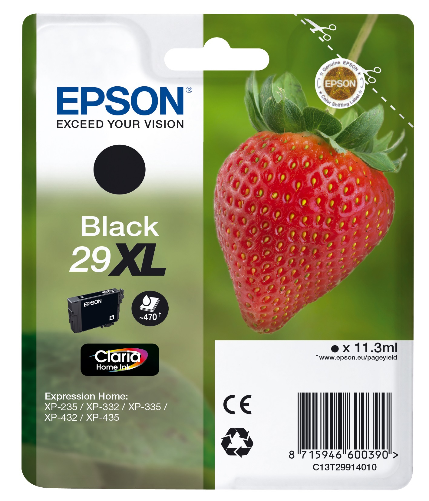 Wkład atramentowy Epson Black 29XL. Obraz przedstawia truskawkę na zielonym tle.
