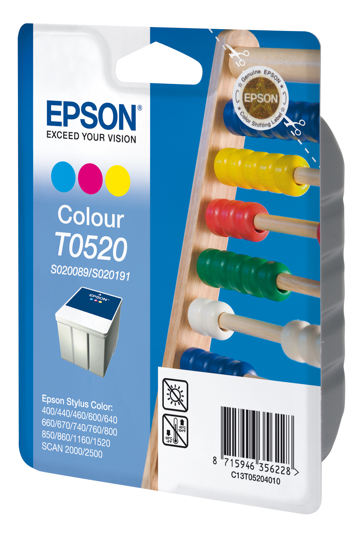 Cartuccia inchiostro Epson Colour T0520. Immagine con abaco e sfondo blu.