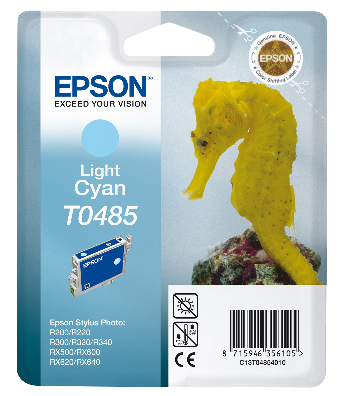 Epson Light Cyan T0485 Tintenpatrone. Seepferdchen schwimmt in der Nähe von Korallen im Wasser.