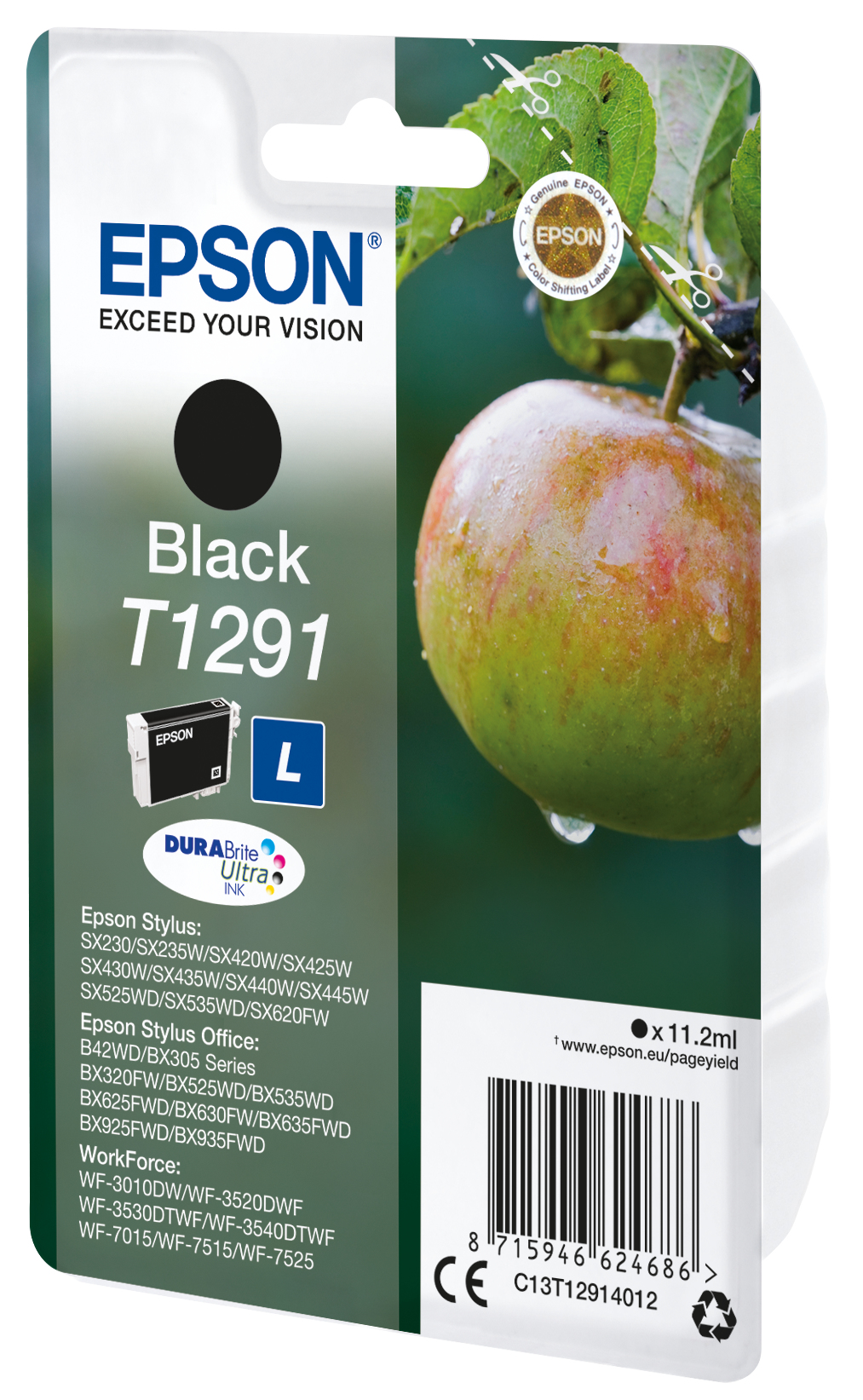 Epson ink cartridge: Black T1291. Apple branch with red apple and drops.