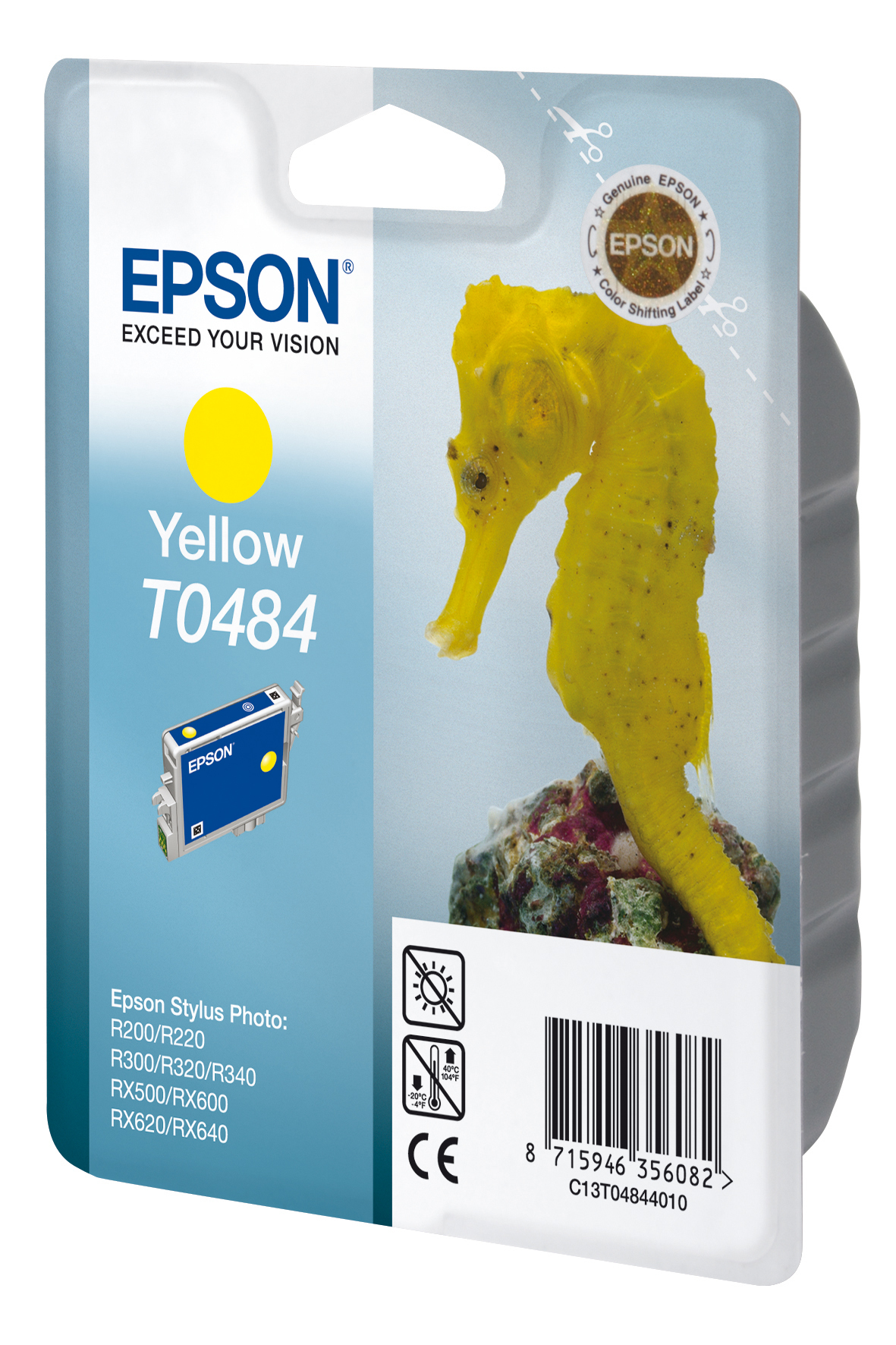 Cartouche d'encre jaune Epson avec une illustration d'hippocampe et un hippocampe jaune sur un récif corallien.