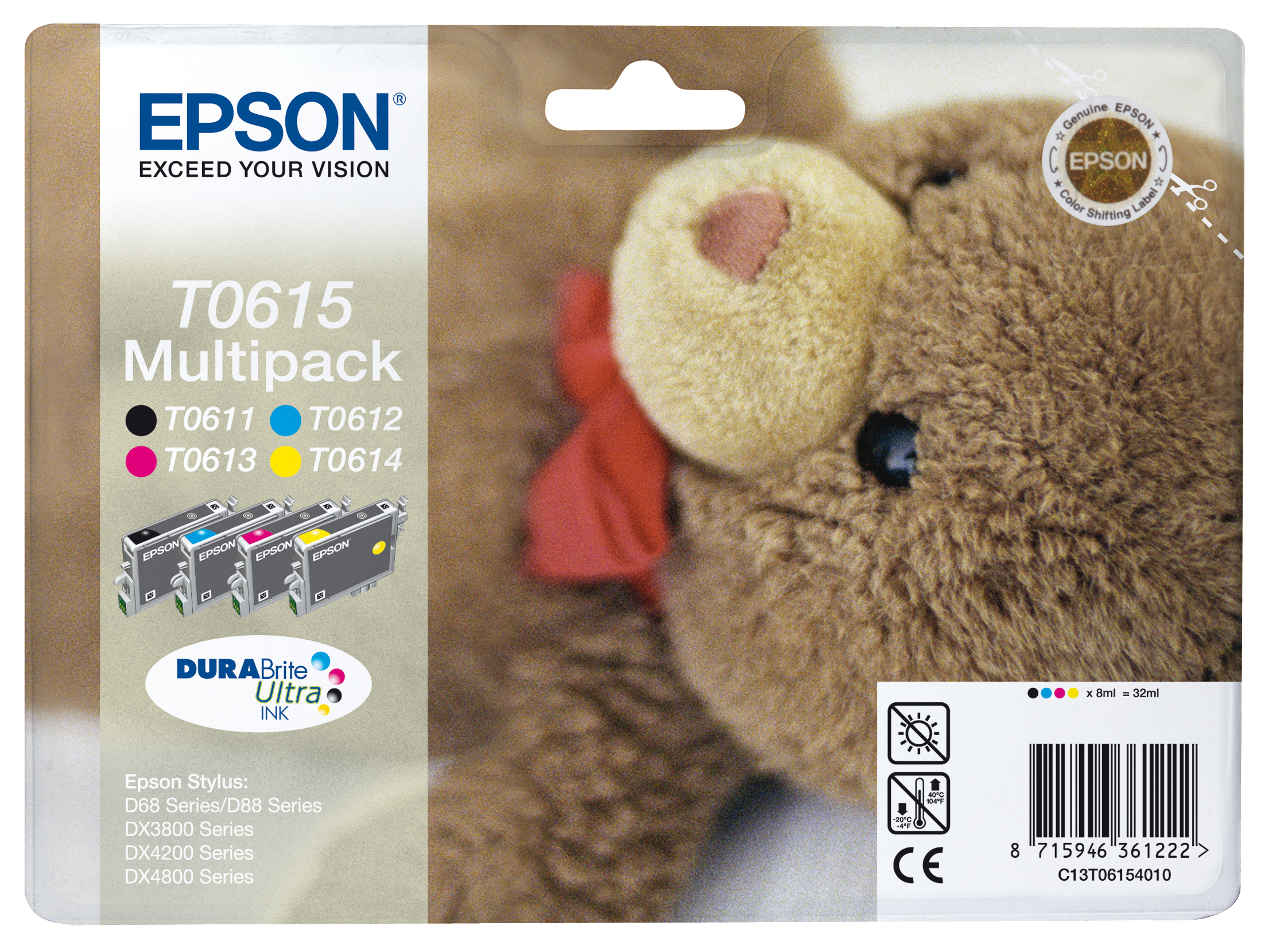 Epson T0615 Multipack Tintenpatronen, mit vier Farbpatronen und einem Teddybären im Hintergrund.