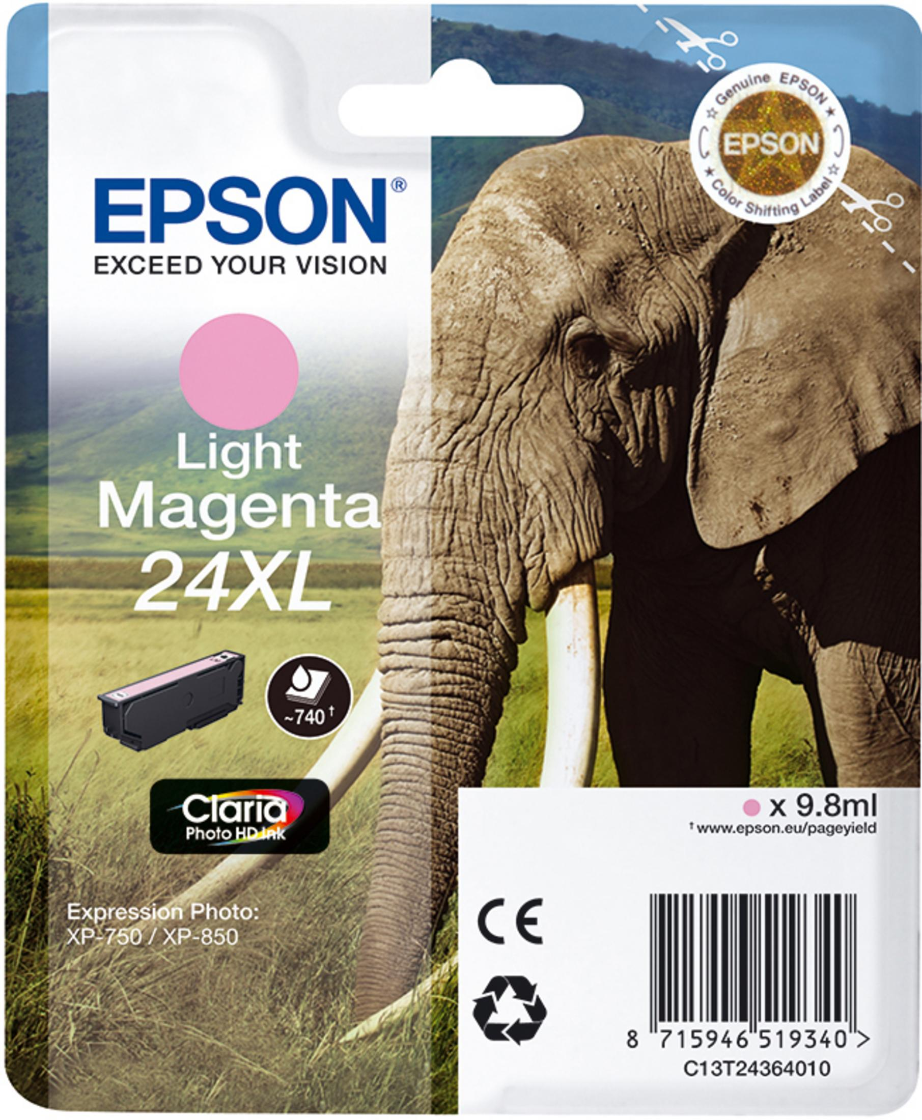 Confezione cartuccia inchiostro Epson Light Magenta. Immagine di elefante sullo sfondo.