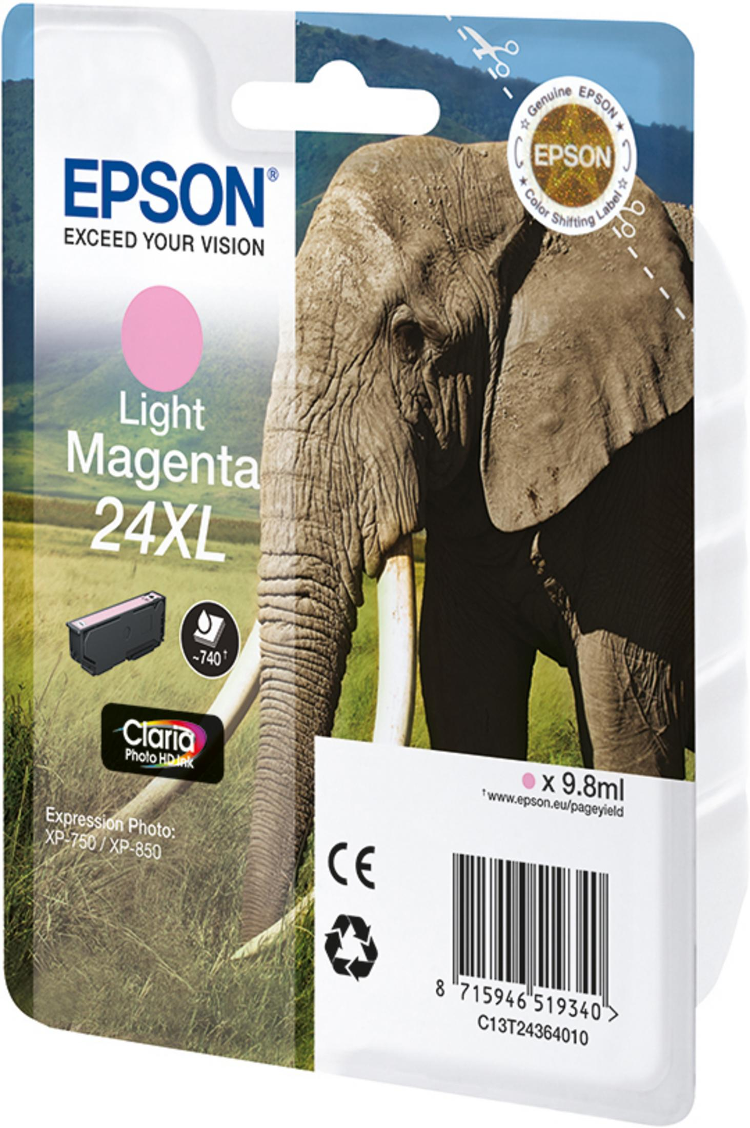 Confezione di cartucce d'inchiostro Epson con immagine di elefante. Inchiostro magenta chiaro visibile. La confezione ha un'etichetta.