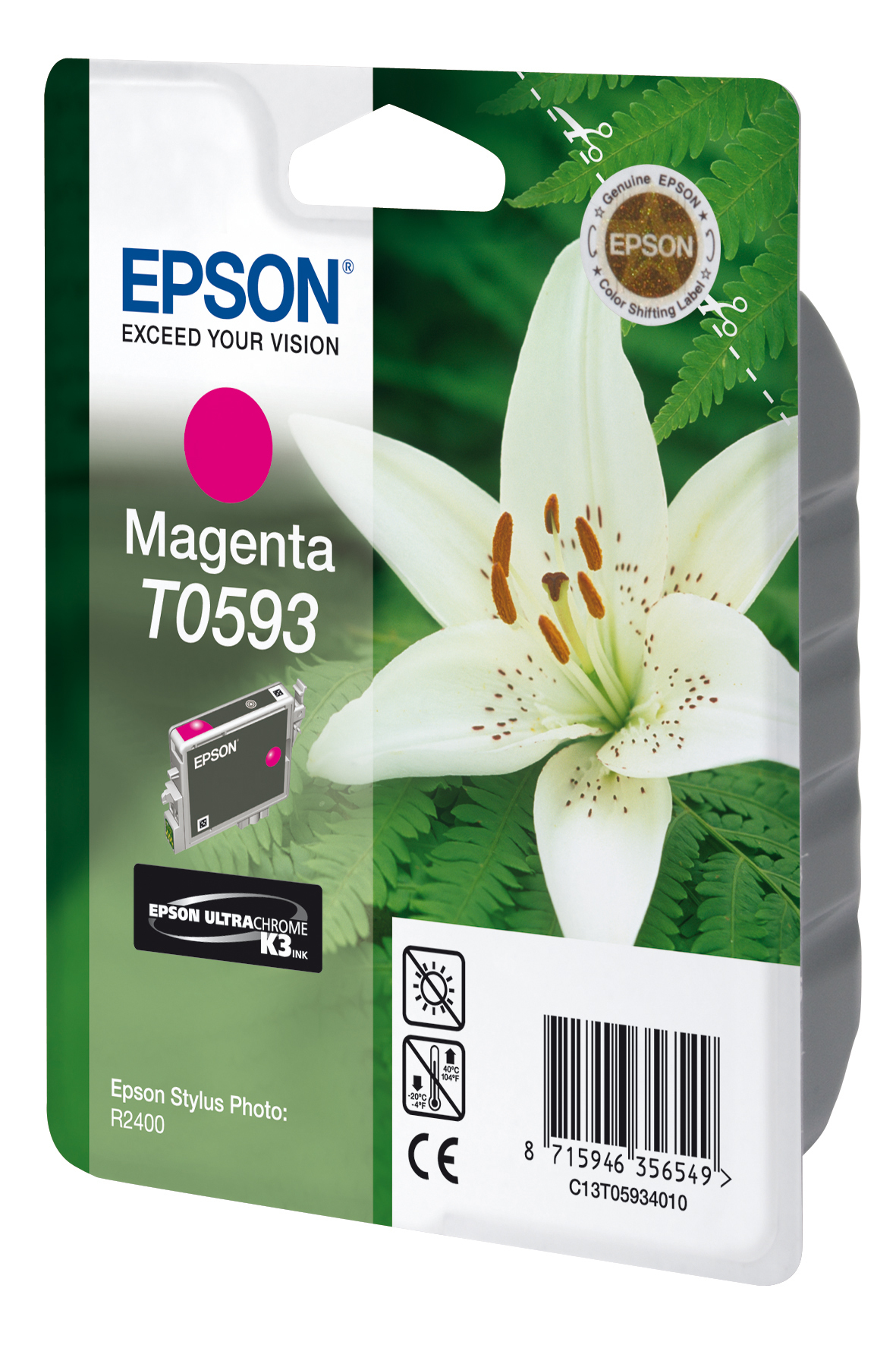 Envase de cartucho de tinta Epson con una ilustración de flor blanca y cartucho de tinta magenta.