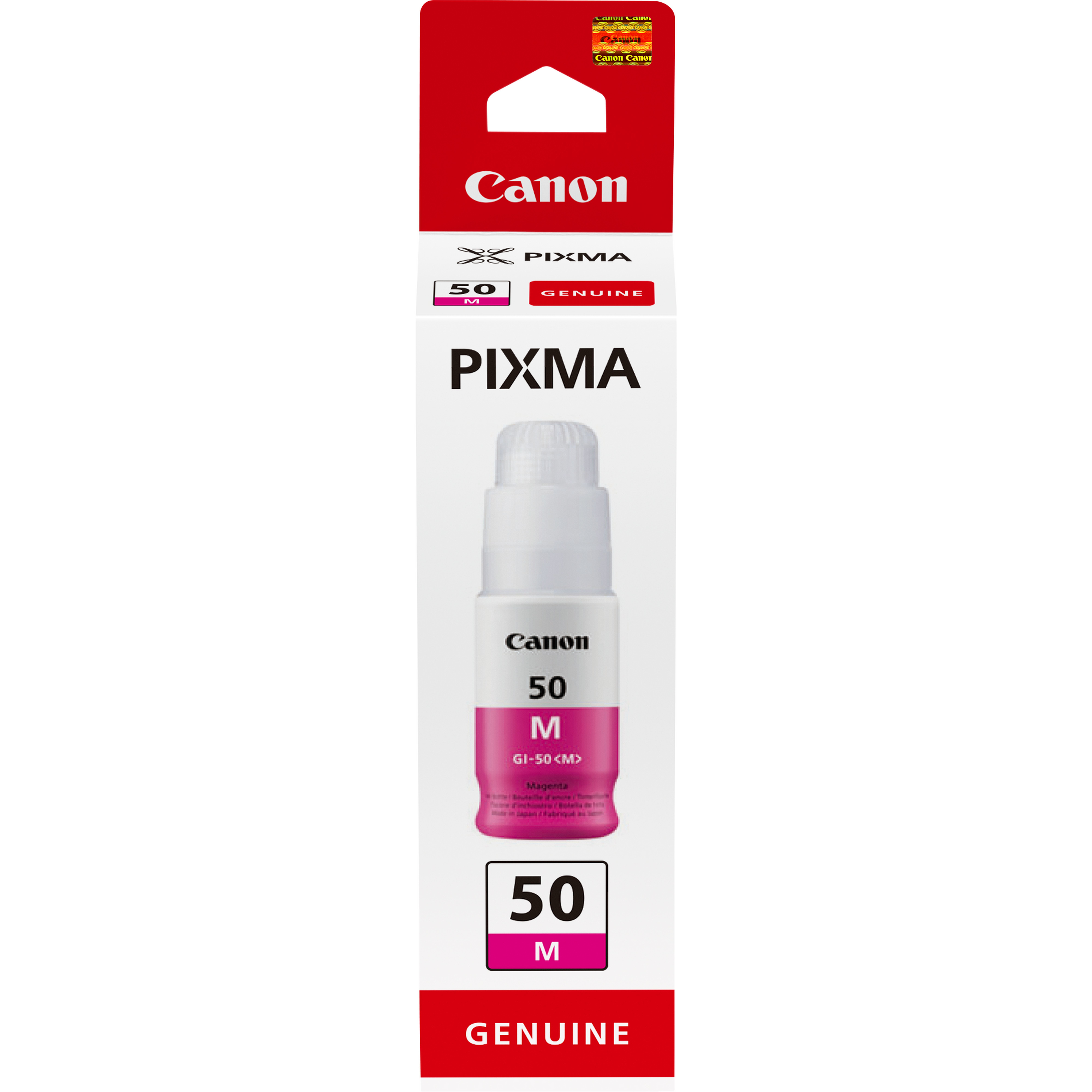 Butelka z tuszem Canon Pixma, kolor magenta. Butelka ma logo Canon i Pixma na czerwonym tle.