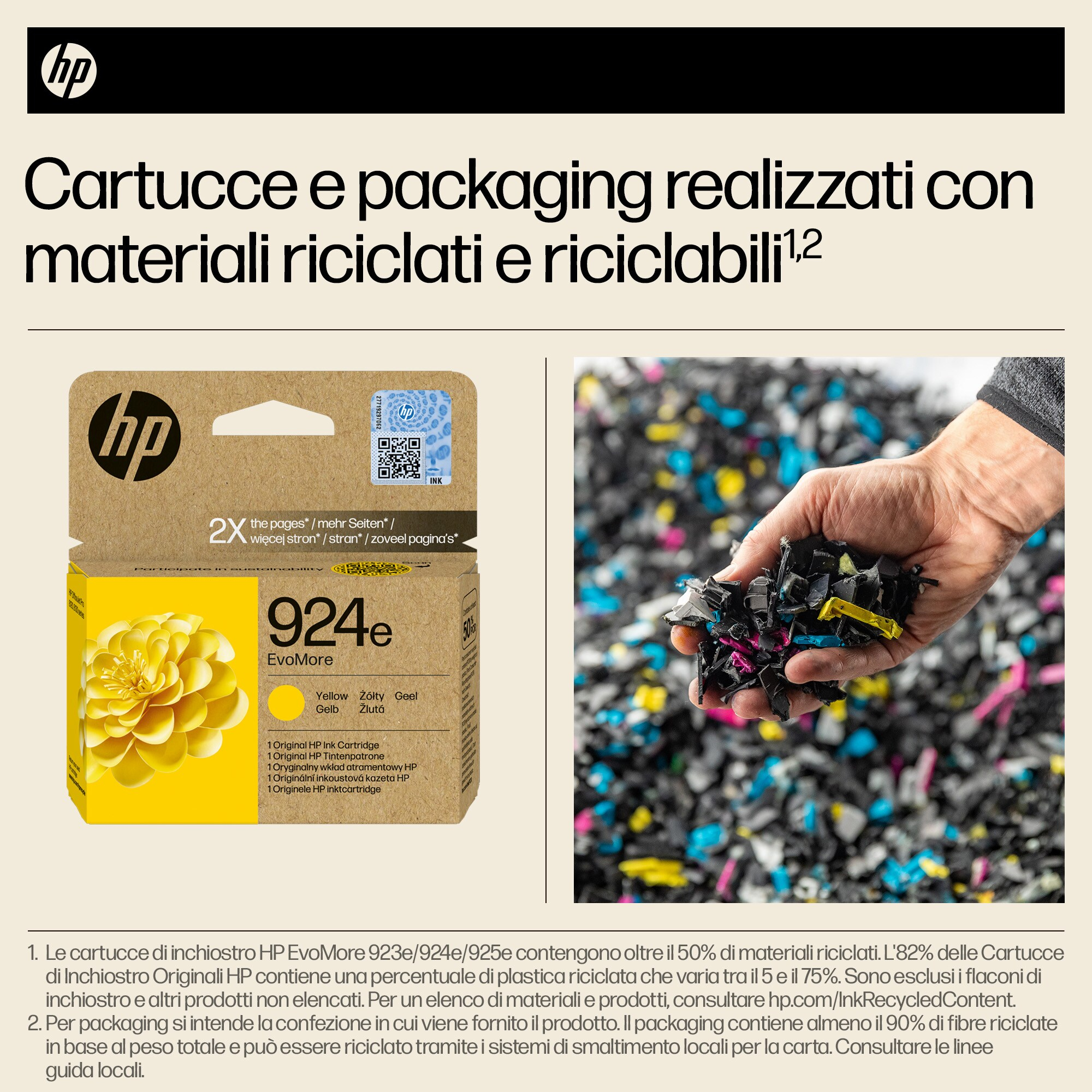 Detalles de cartuchos de tinta HP y embalaje. Contiene información de materiales reciclados y una imagen de flor amarilla.