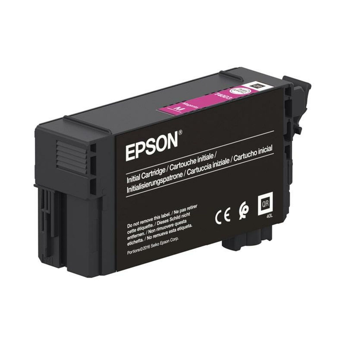 Cartuccia d'inchiostro Epson nera, con dettagli magenta. Per uso iniziale ed etichette multilingue.