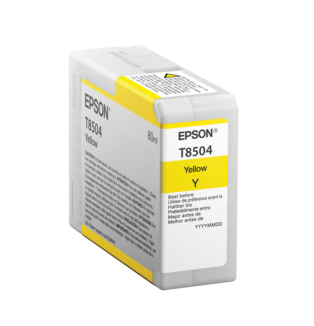 Cartuccia inchiostro giallo Epson T8504, bianca con dettagli gialli, su sfondo bianco.