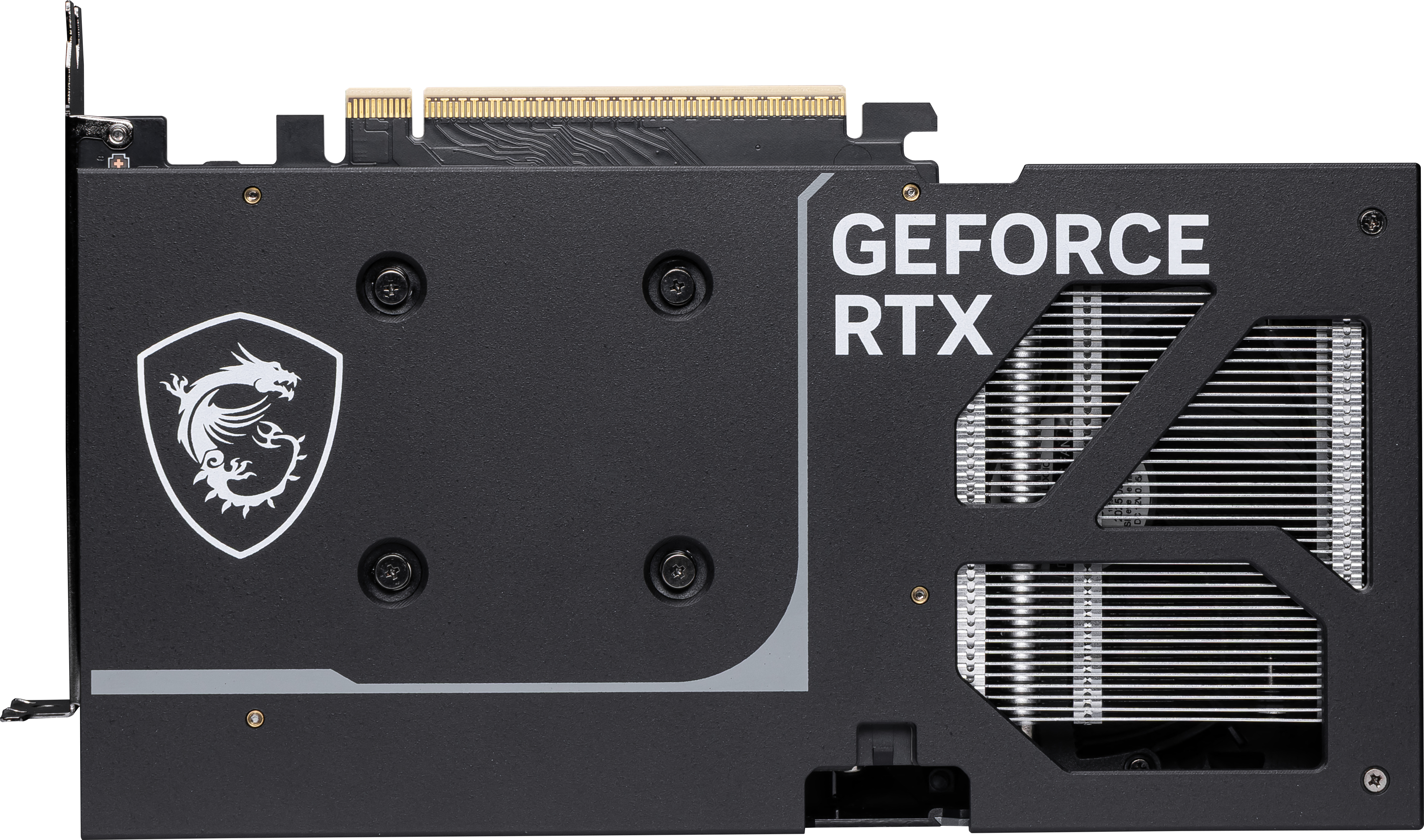 Czarna karta graficzna z tekstem 'GEFORCE RTX' i logo MSI. Ma czarno-szary design.