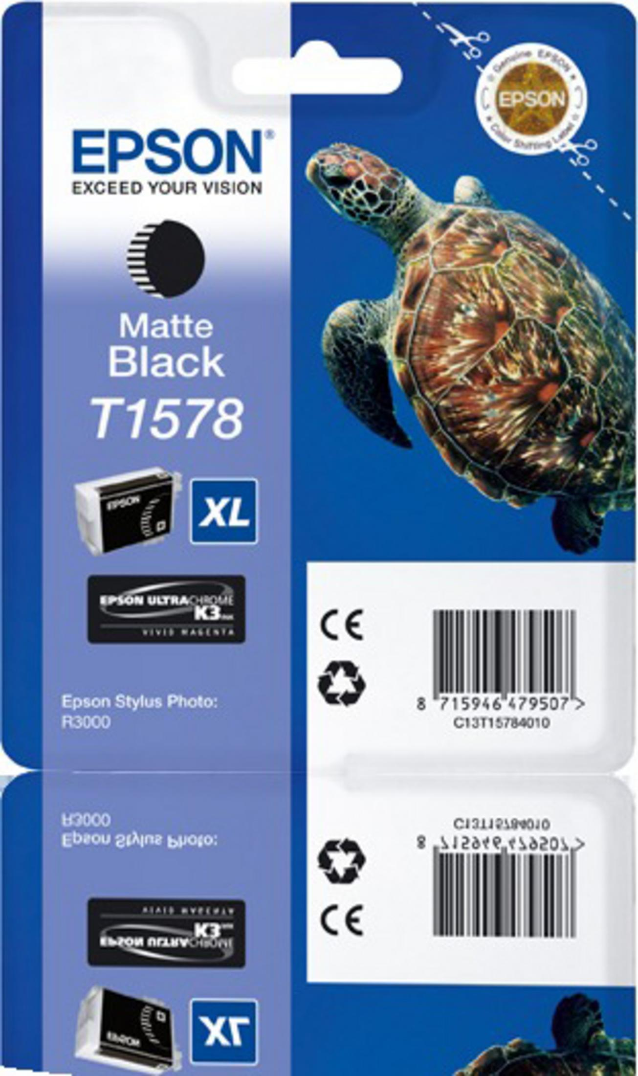Opakowanie wkładu atramentowego Epson ze zdjęciem żółwia. Zawiera czarny tusz, 'Matowy Czarny'.