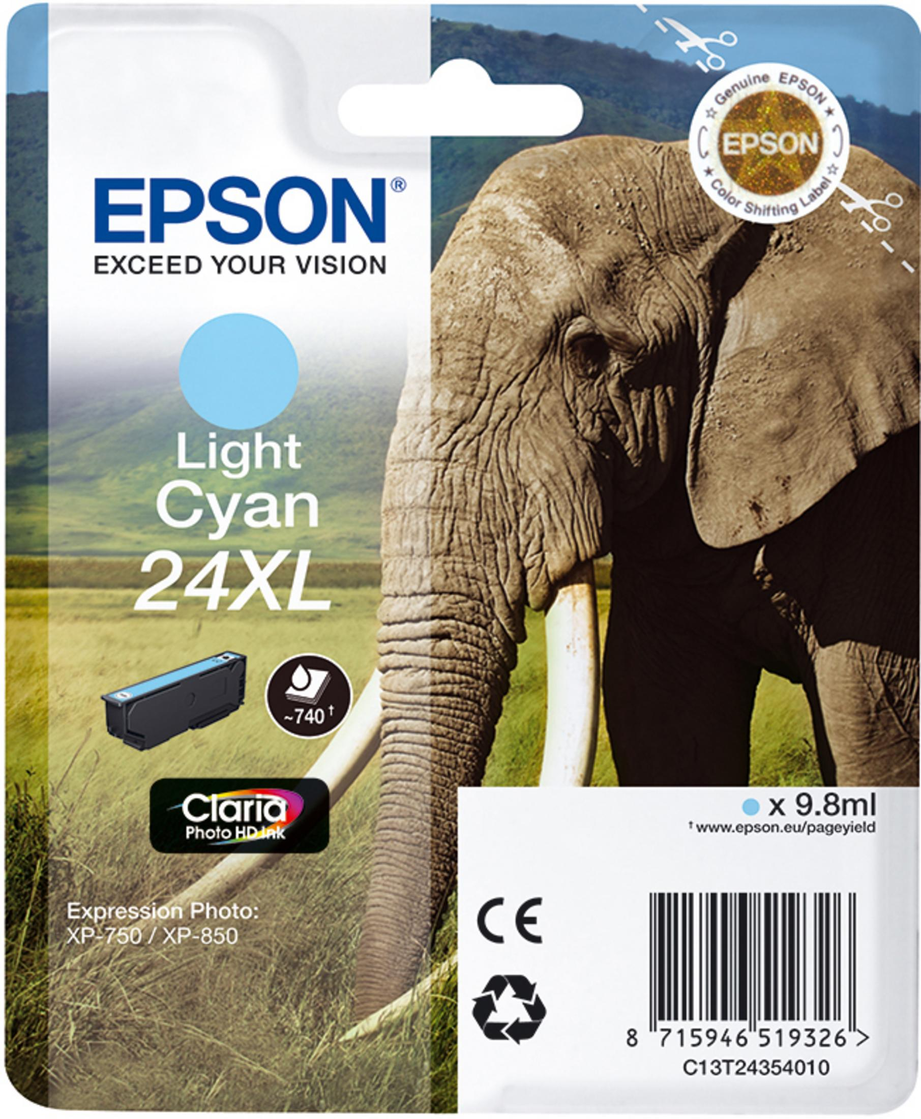 Confezione di cartucce d'inchiostro Epson con inchiostro ciano chiaro e grafica di elefante.